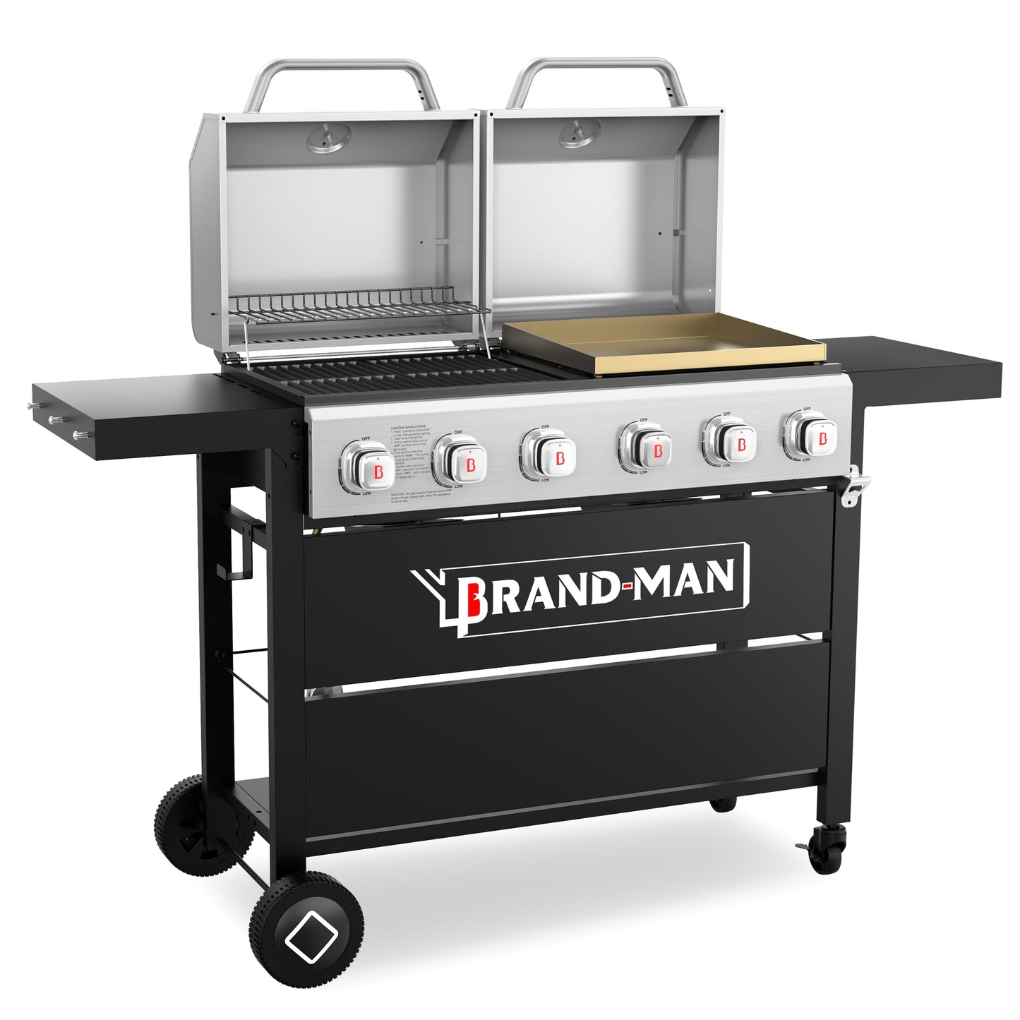 Brand-Man Griddle Grill Combo 6-Burner, 2 in 1 Versatile Propane Gas Grill and Griddle with Double Stainless Steel Lids, BBQ Combo for Outdoor Kitchen & Backyard Barbecue Cooking