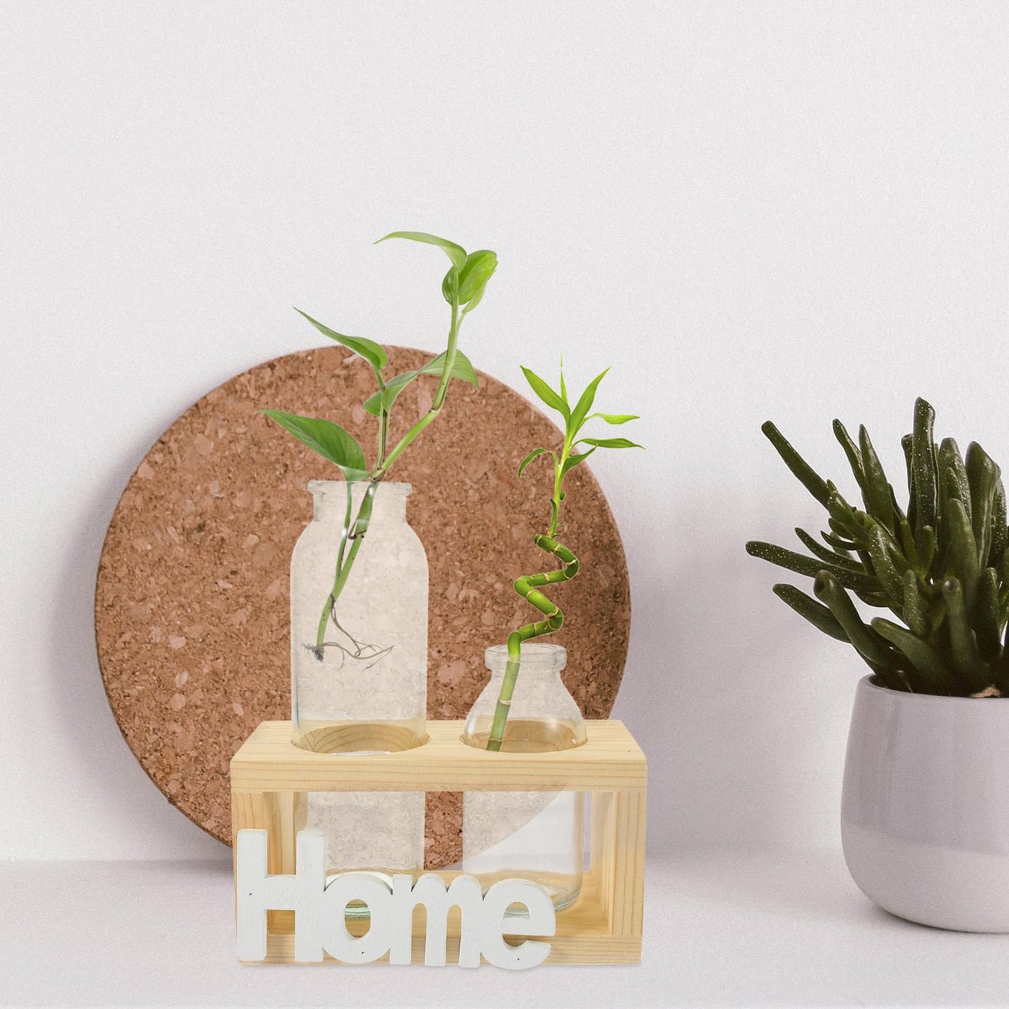 TOYANDONA Hydroponic Glass Flower Vase with Wooden Rack, Nordic Style Desktop Terrarium Planter for Indoor Plant Propagation and Home Decoration, 2pcs Set