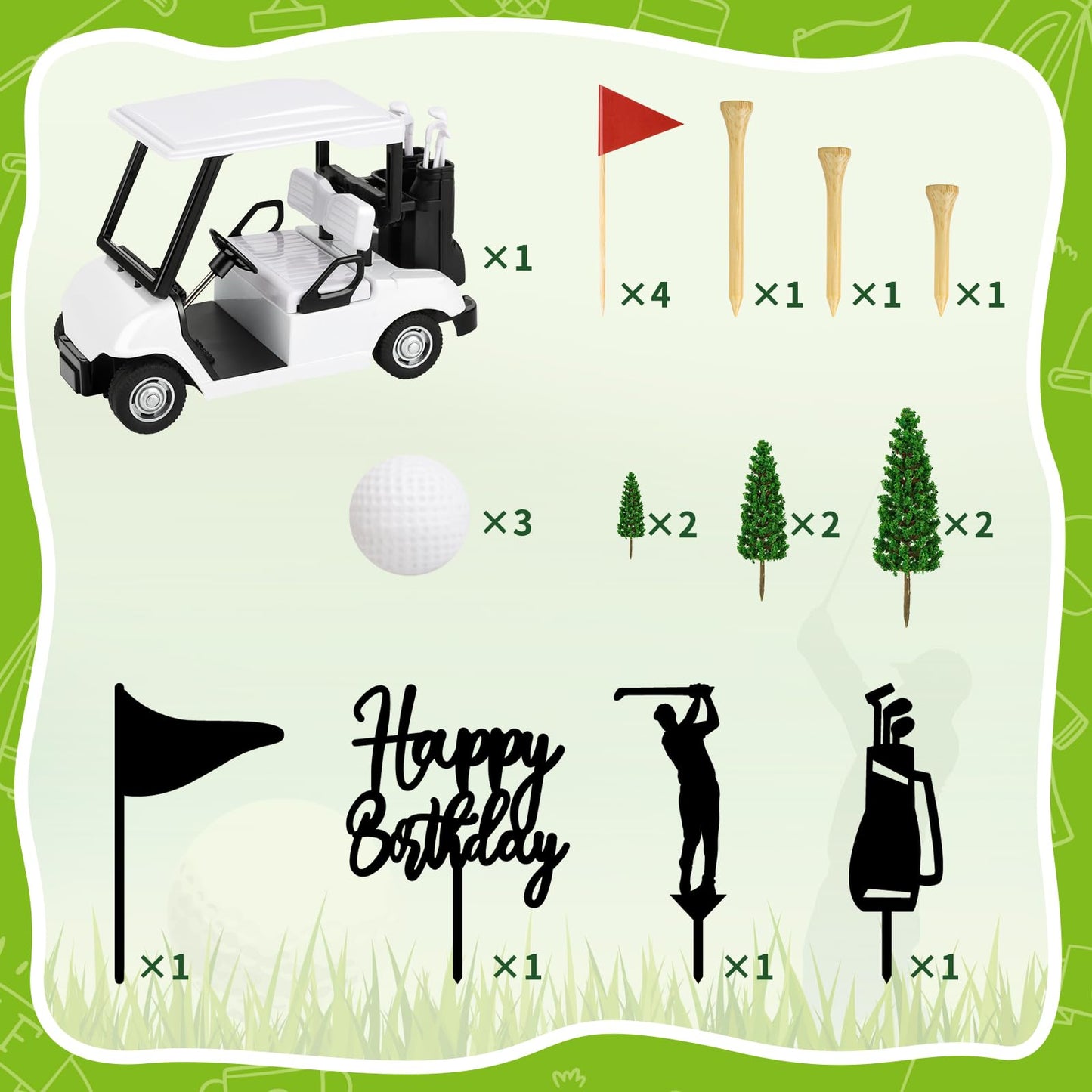 21 Pieces Golf Cake Decorations With Mini Cart, Ball, Green Tree, Clubs, Red Flag Cupcake Toppers for Sports Theme Birthday Party Decor Supplies
