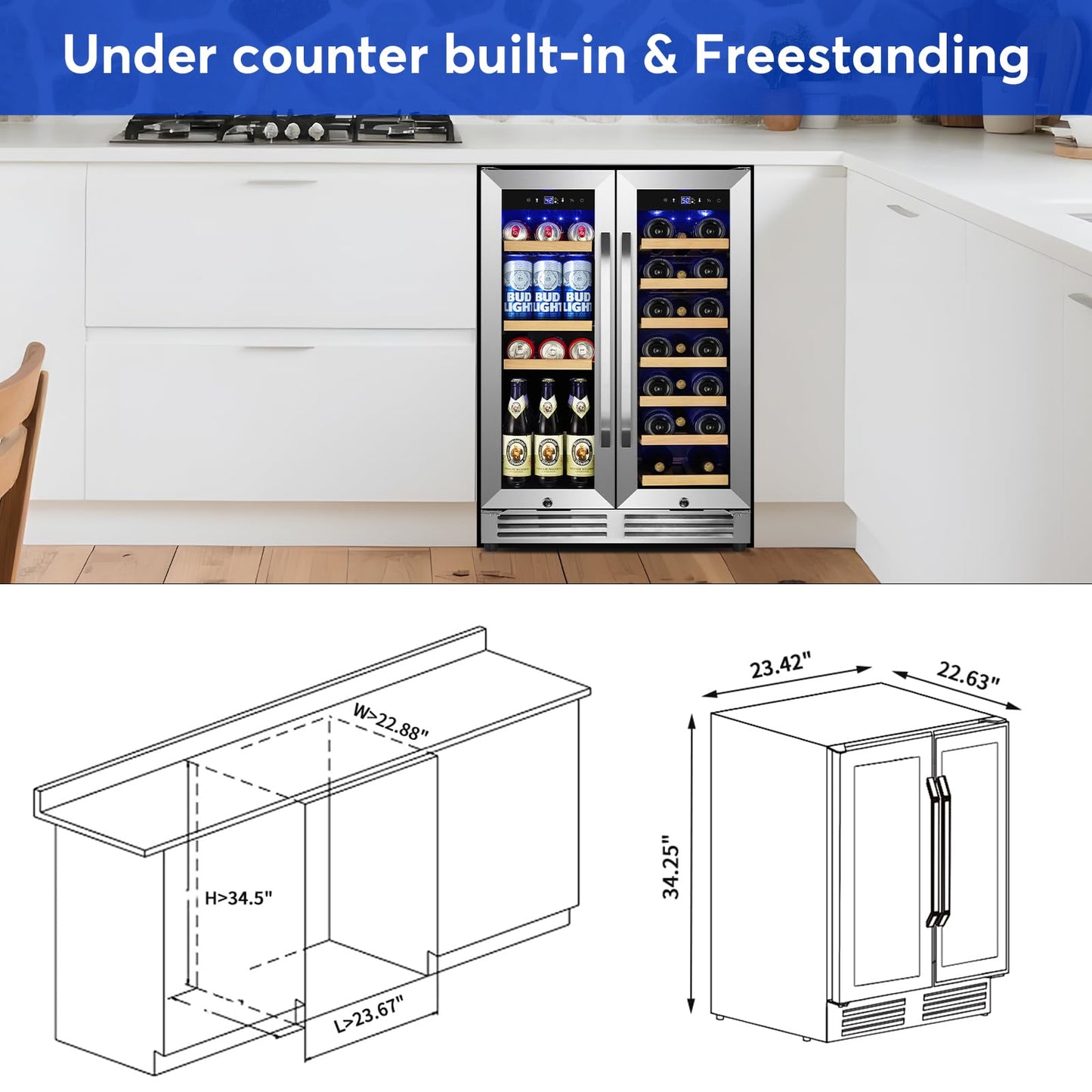Velieta 24 Inch Upgraded Wine and Beverage Refrigerator– Dual Zone Beverage Cooler with Glass Door | Under Counter or Freestanding | Large Capacity, Advanced Cooling System & Carbon Purification