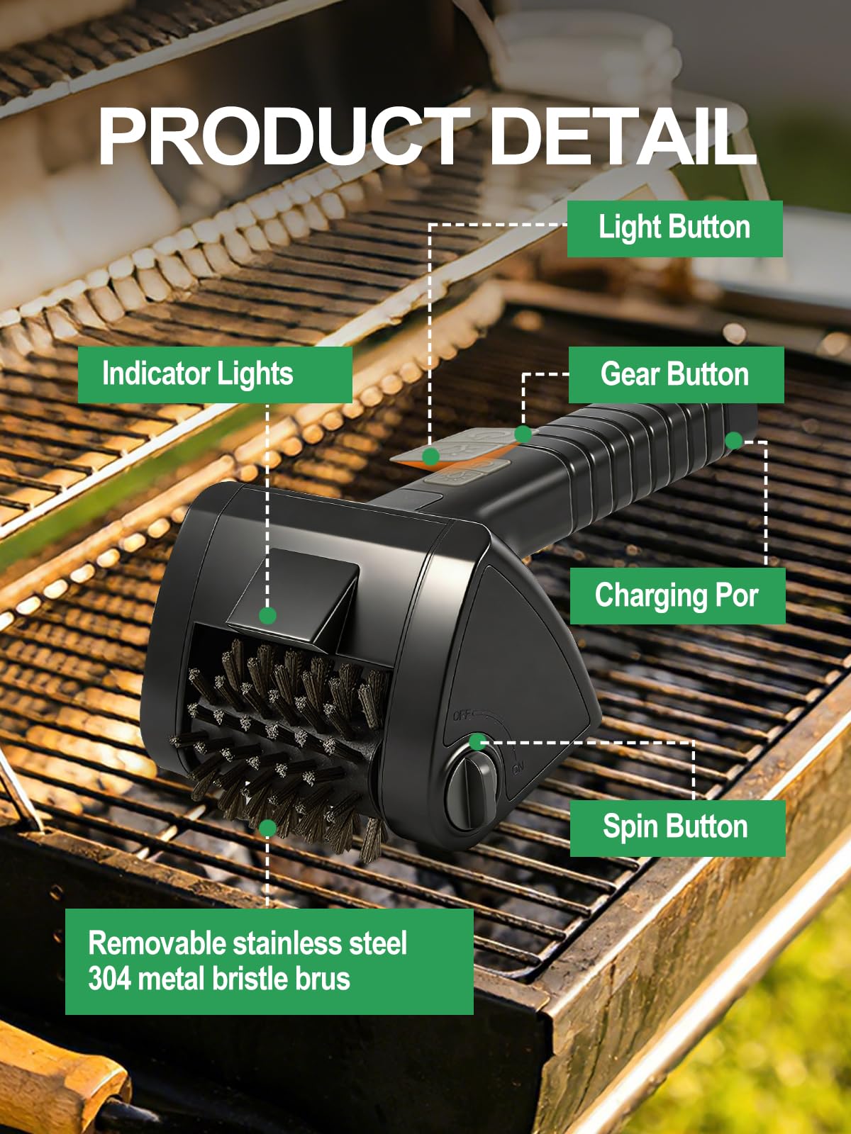 Electric Rotary Grill Brush for Outdoor Grill - Two Speed Automatic Cleaner with 304 Removable Stainless Steel Head, BBQ Grate & Outdoor Cordless Rechargeable Grill Cleaning Tool for BBQ, Home