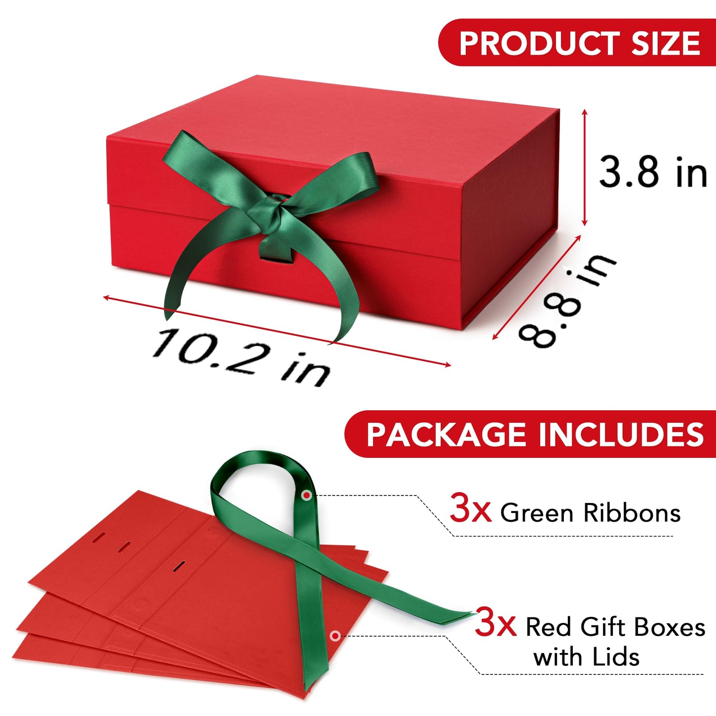 SWANGSA Red Christmas Gift Boxes with Lid for presents 10.2x8.8x3.8 Inches, Large Gift Box with Ribbon and Magnetic Closure, Collapsible Gift Box for Christmas, Wedding, Valentine's day, Birthday Gift