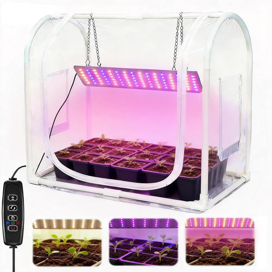 Mini Greenhouse with Grow Light for INDOOR OUTDOOR, Metal Fram Tabletop GreenHouse with Waterproof Mat, 3/9/12H Timer & Dimming Function for Seed Starting, Mushroom Cultivation(23.6"L x 15.7"Wx 19.5")