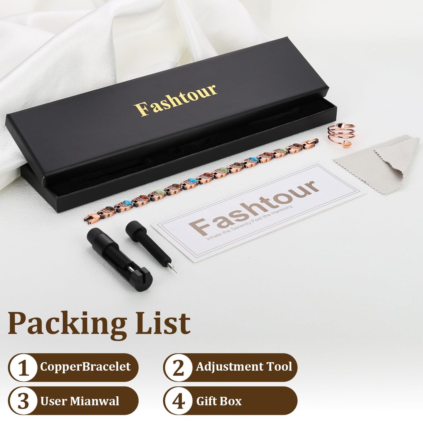 Fashtour 99.99% Pure Copper Magnetic Bracelet and Ring Set for Women, Heart Wire Design Adjustable Jewelry with 3800 Gauss Magnets, Elegant Gift Box (Turquoise and Double Heart Ring Set)