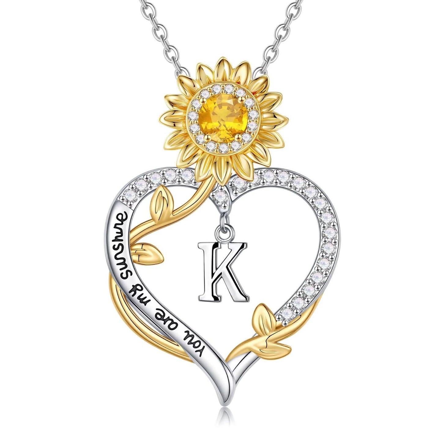 MONOOC Sunflower Gifts for Mom - Mom Birthday Gift Idea Heart Sunflower Necklace for Women, 14K-White-Gold-Plated Heart Initial Letter K Necklace for Women Jewelry