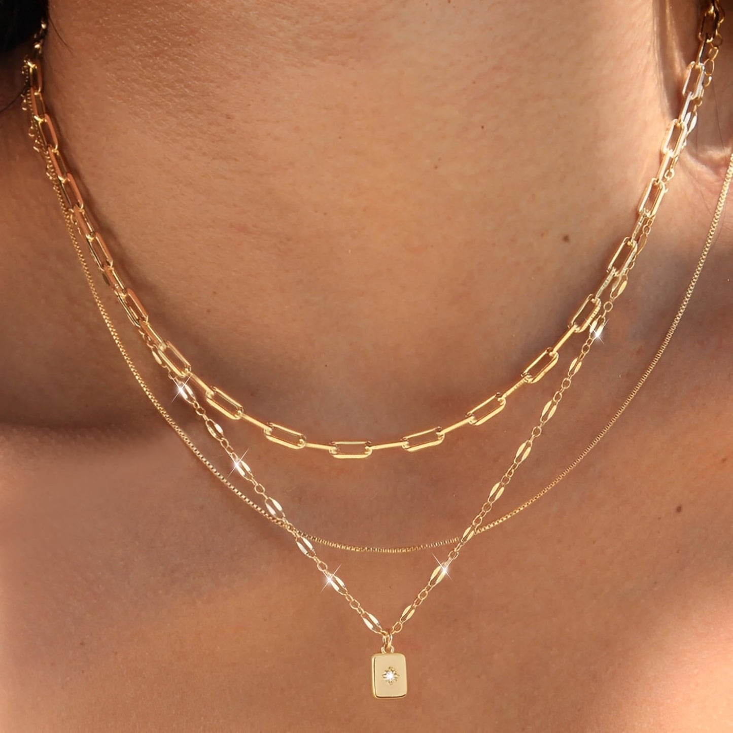 YEEZII Layered Gold Necklaces for Women Trendy, 14K Gold Plated Choker Paperclip Box Chain Necklace, Stackable Women's Gold Pendant Necklaces Jewelry Set