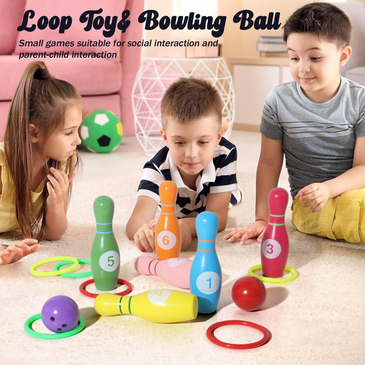 Dinhon Wooden Kids Bowling Set for Toddlers Infants Ages 2-5 - 6 Pins & 2 Balls & 6 Ferrules, Educational Early Development Indoor Outdoor Games for Boys Girls