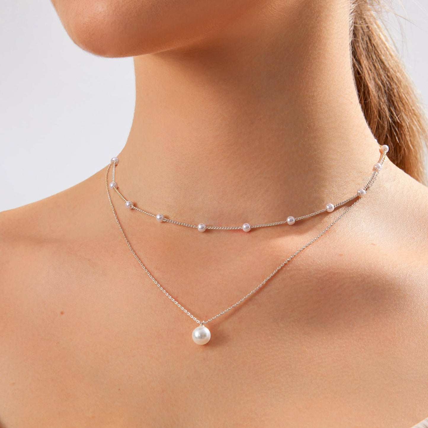 Zeffy Layered Silver Pearl Necklaces for Women Dainty Layered Tiny Single Pearl Choker Trendy Cute Silver Necklace Stack Wedding Jewelry Sets for Women Bridesmaid Gifts 2PCS