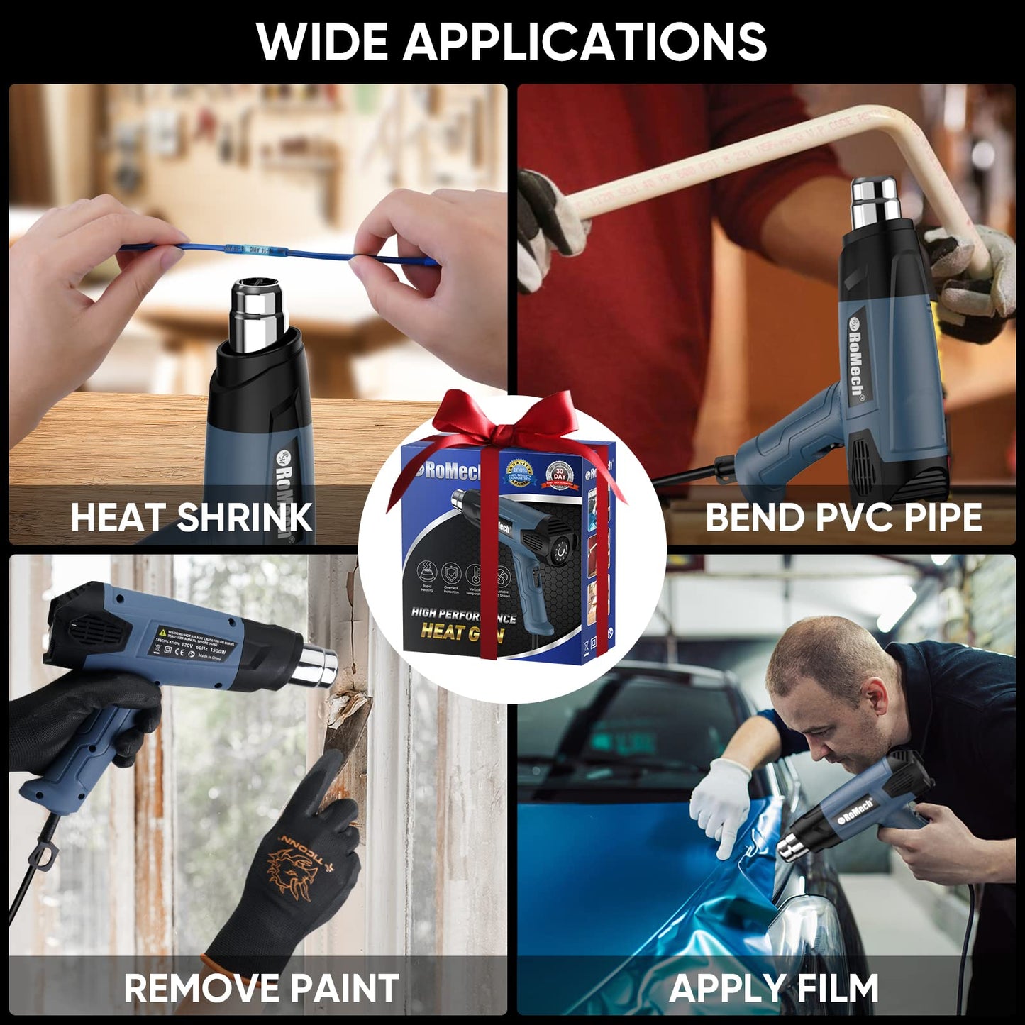 ROMECH 1500W Heavy Duty Heat Gun, Variable Temperature Control Hot Air Gun Kit with 2 Air Flow 120°F~1200°F and 4 Nozzles for Crafts Shrink Wrap (Blue)