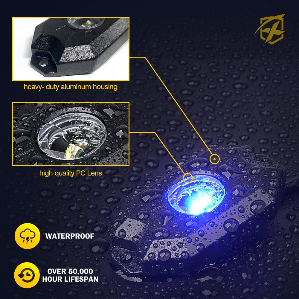 Xprite RGBW LED Rock Lights Kit with Bluetooth & Wireless Remote Controller, Multicolor Cars Underglow, Wheel, Footwell Neon Light Kits, for Off-Road UTV ATV Trucks SUV Motorcycle Boats - 10 Pods