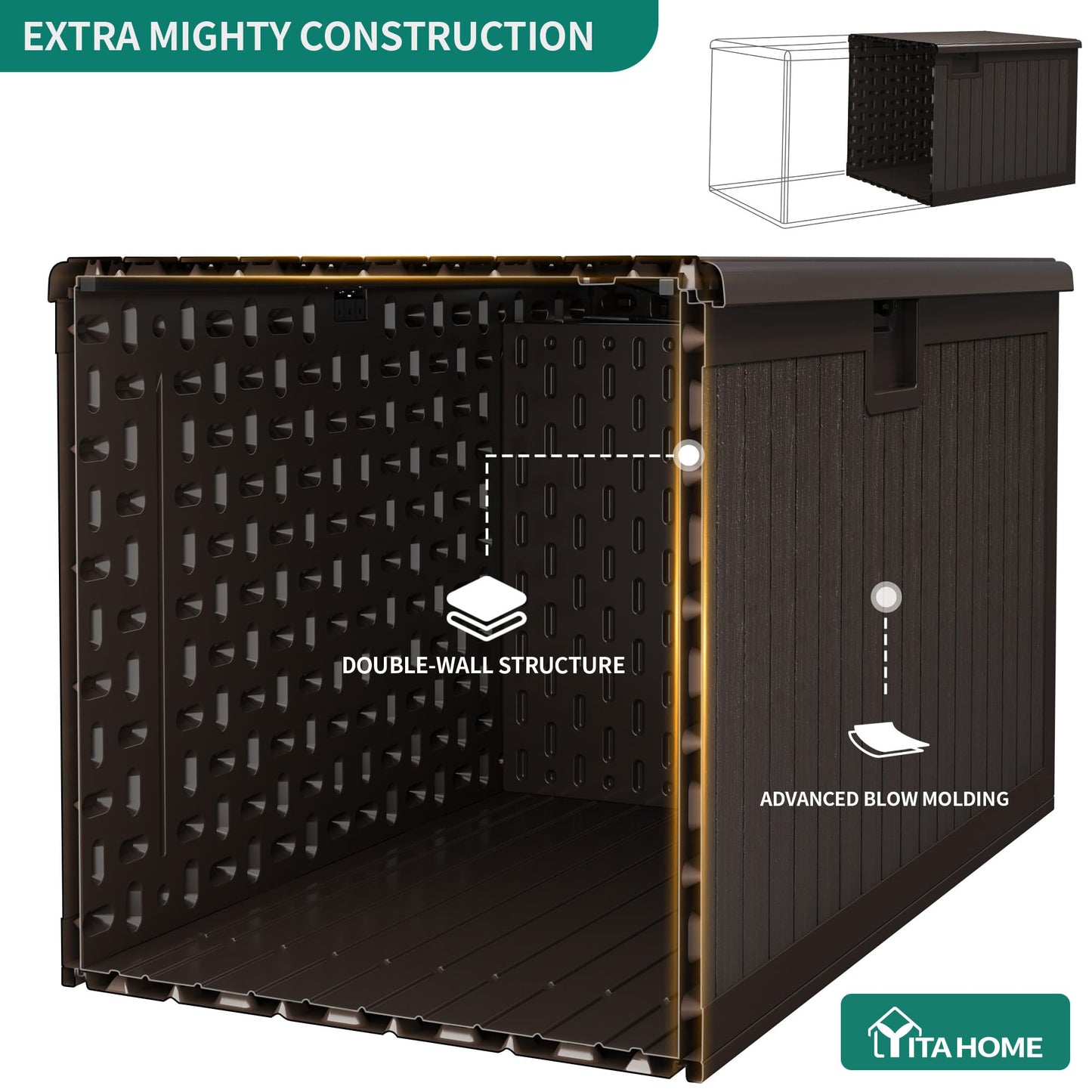 YITAHOME 150 Gallon Double-Wall Deck Box with Side Handles, Outdoor Large Storage for Patio Furniture Cushions, Garden Pool Accessories, Water Resistant & Lockable