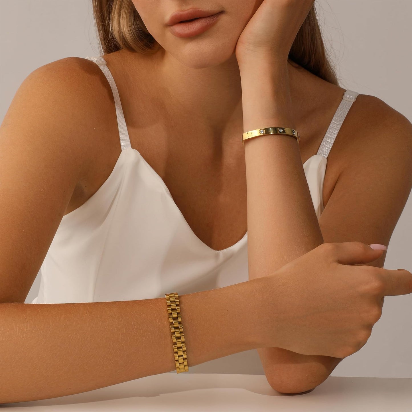 2PCS Gold Chain Link Watch Bracelet Set,18K Gold Plated Stackable Bracelets for Women,Stainless Steel Jewelry with Adjustable Tool, Non-Tarnish Friendship Love Bracelet Gift for Her. (2pcs-A Gold)