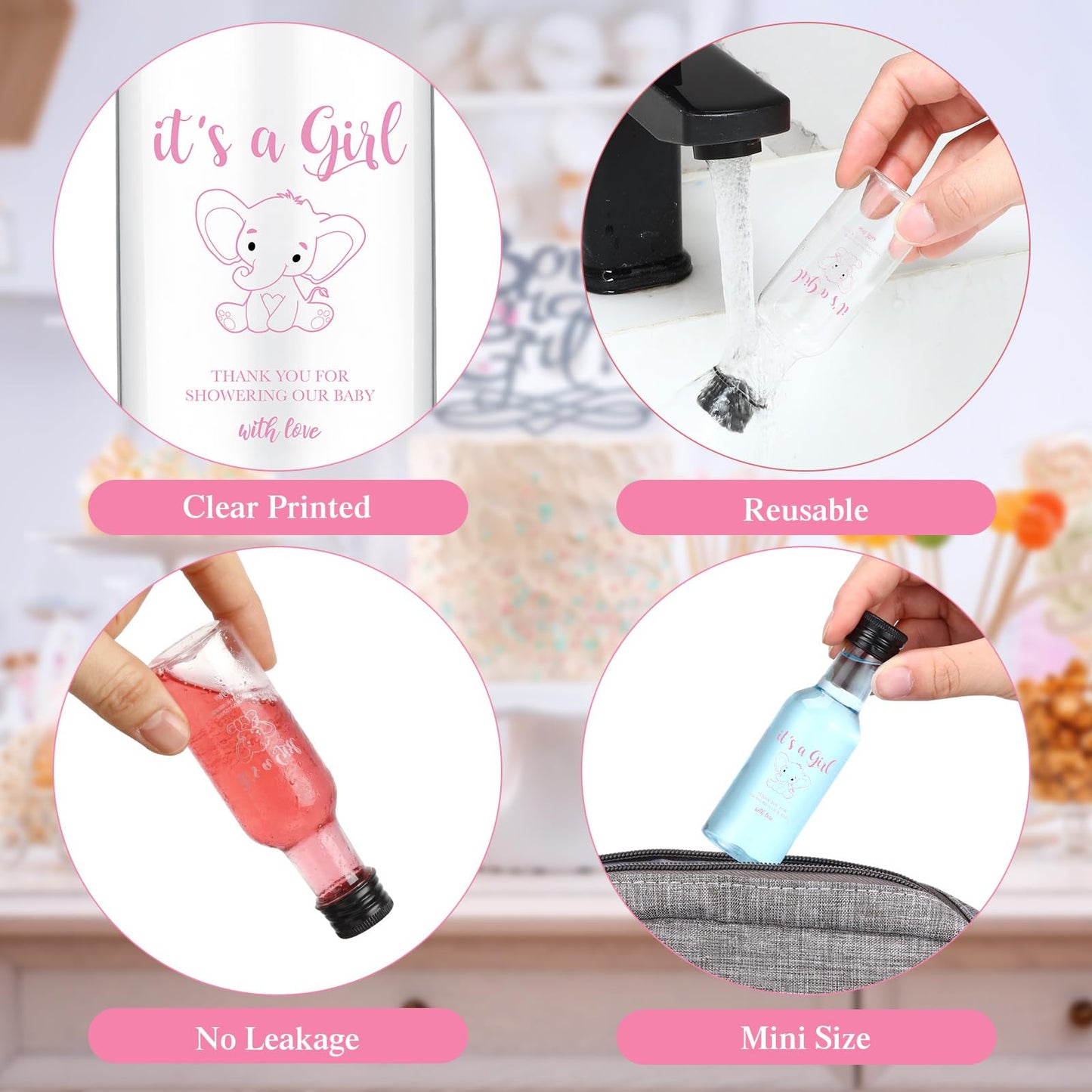 Funnymoom 50 Sets Elephant Party Favors for Guests 1.7oz/50ml Mini Liquor Bottles and Thank You Cards Funnels Plastic Empty Shot Bottles for Juice Alcohol Baby Shower Gender Reveal Party Gift