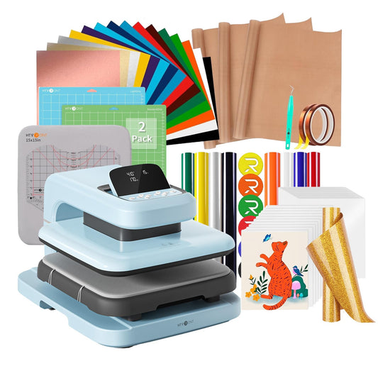 【Premium Bundle】 HTVRONT Automatic Heat Press 2 + HTVRONT Automatic Heat Press Accessories Kit + 2 Pack Cutting Mats 12x12 + 8 Pcs 3D Puff Vinyl + 10" x 8ft Gold Glitter HTV Heat Transfer Vinyl