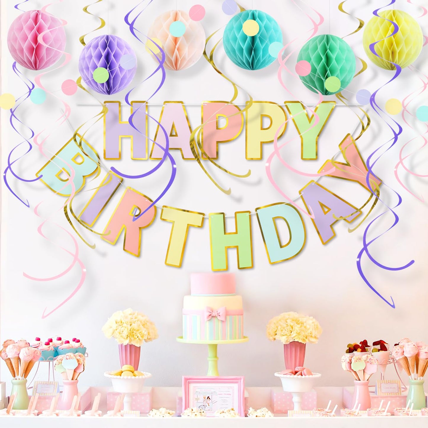 LITAUS Pastel Birthday Decorations Kit - 17-Piece Set with Pre-Strung Happy Birthday Banner, Honeycomb Balls, Garland & Swirls | Macaron Theme Party Supplies for Women Girls Kids, Teens Adults