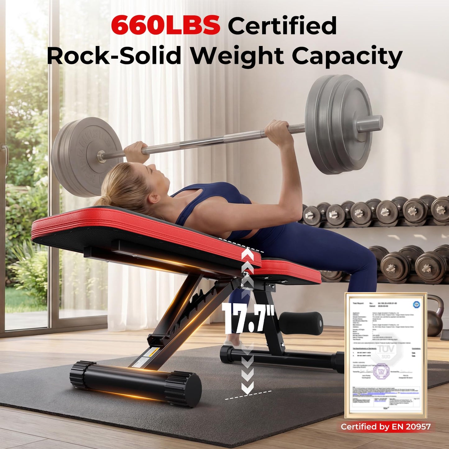 Rockvale 95% Pre-assemble Adjustable Weight Benches for Home Gym, 9 Backpad Positions Workout Bench, 660lb Compact Bench Press for Small Space(1Sec Fast Folding)