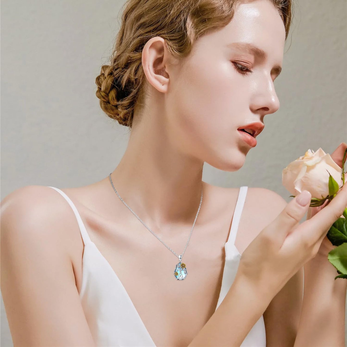 CHENGHONG Sunflower Moonstone Necklace for Women 925 Sterling Silver Family Tree of Life Teardrop Pendant Necklace Jewelry Gifts