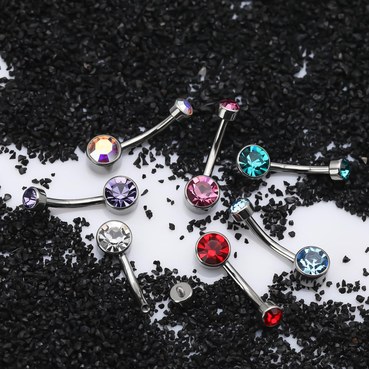 XUU Titanium Belly Button Rings, Black & Silver – 14G Internally Threaded Navel Piercing Jewelry, 10mm & 12mm Curved Barbells with 7 Colors Gems – Hypoallergenic (Silver-Clear cz, 10MM)