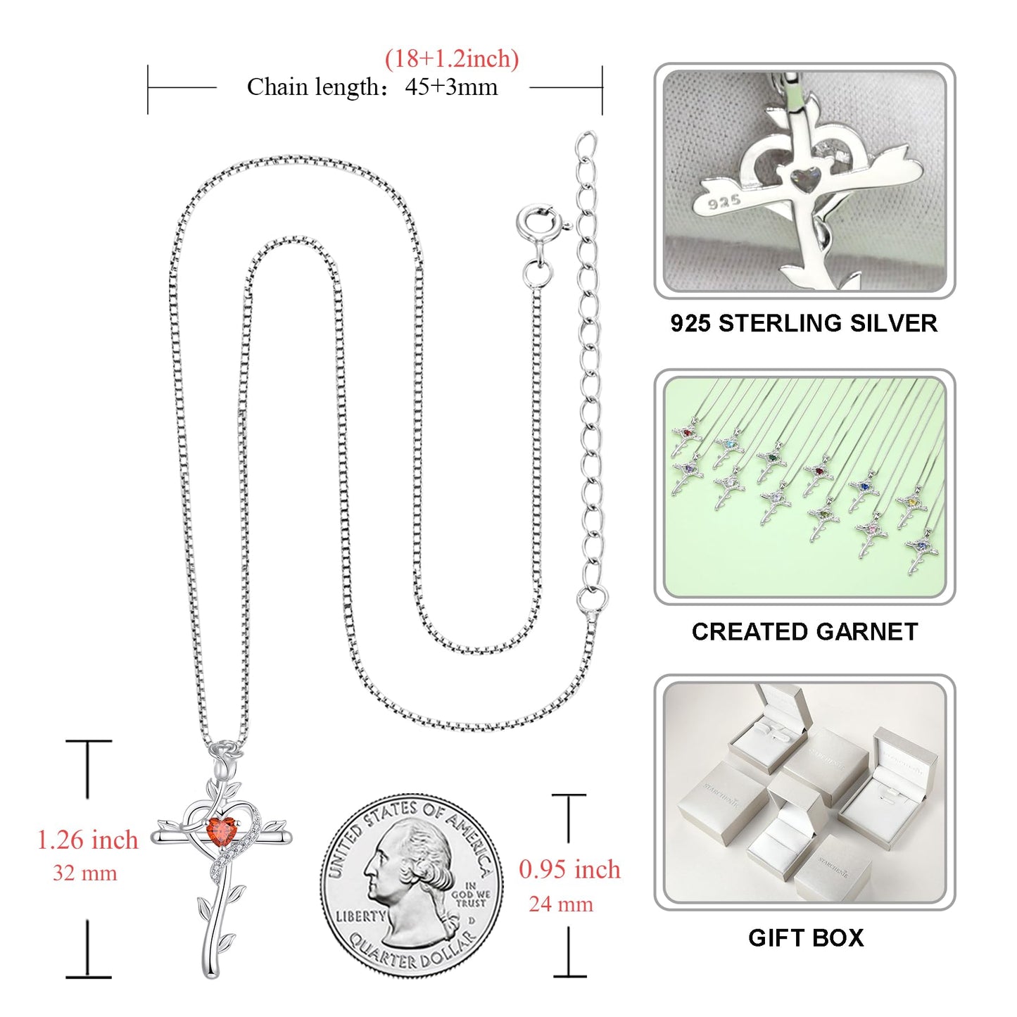 STARCHENIE Rose Cross Necklace 925 Sterling Silver Heart Crucifix Pendant Created Garnet Jewelry for Women