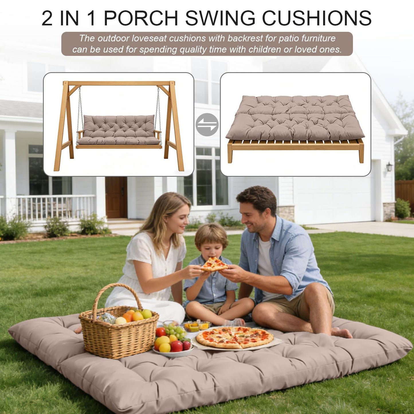 LCYY.TG Porch Swing Cushions, Outdoor Swing Replacement Cushions 3 Seater with Backrest, Waterproof Bench Cushion with Ties,for Patio,Porch, Garden,Backyard