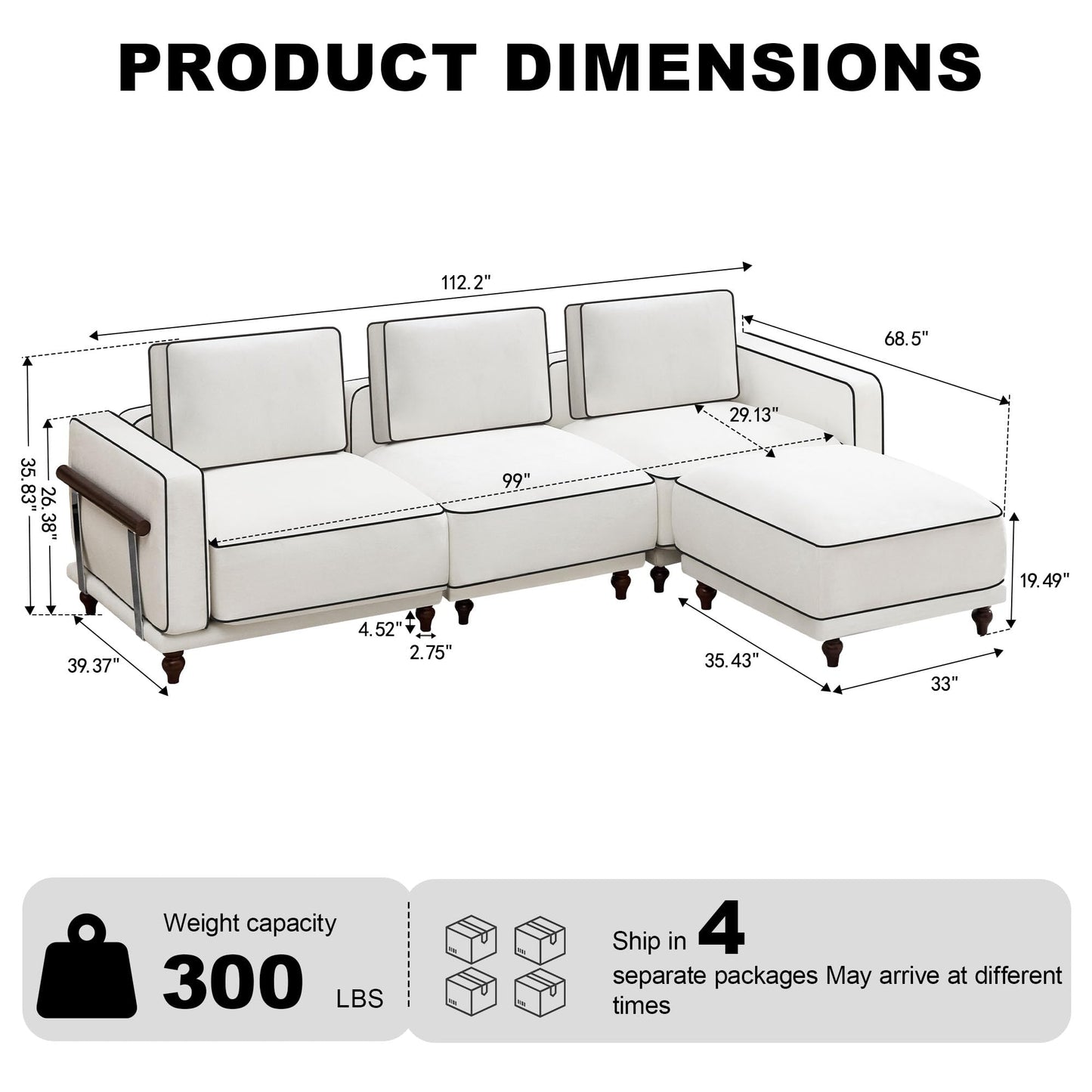 112" 3 Seater Cloud Couch with Ottoman,Modular Sectional L Shaped Sofa with Armrests Wooden Legs,Oversized Deep Seat Comfy Thicked Cushion Upholstered Sofa for Living Room Bedroom,White