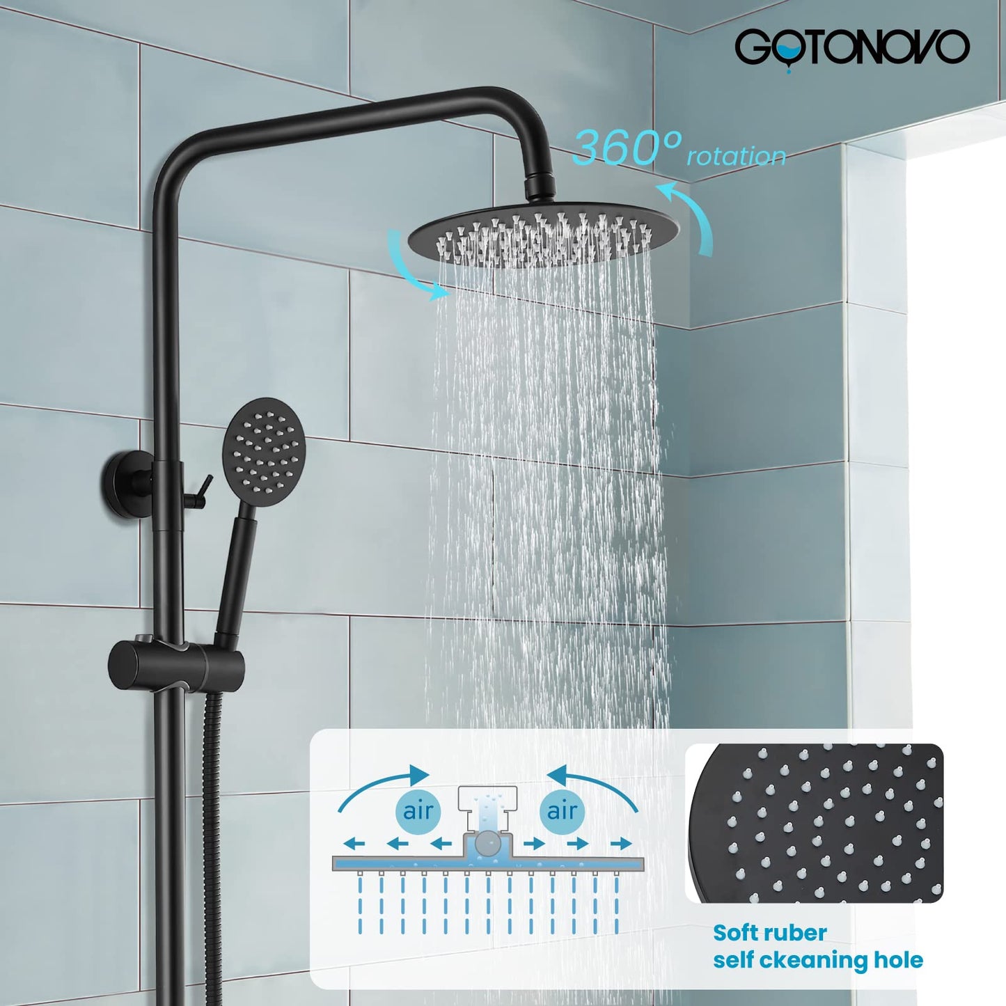 gotonovo Shower faucet Set Matte Black Triple Function with Adjustable Hand Sprayer and Tub Spout SUS 304 Stainless Steel 8 Inch Rainfall Shower Head Bathroom Shower Fixture Wall Mount Complete Set