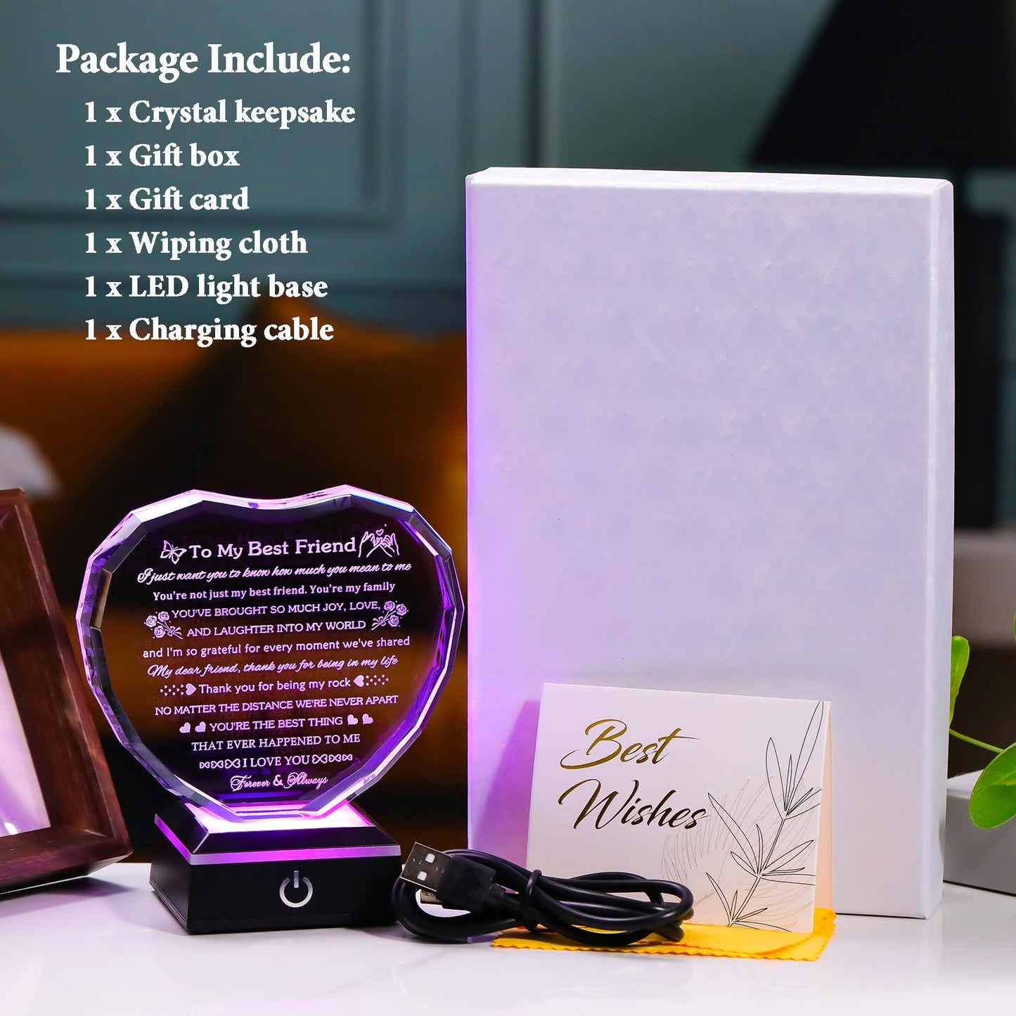 Arikyrist Best Friend Birthday Gifts with LED Base Crystal Heart Friendship BFF Gifts for Women Best Friend Bestie Gift Ideas for Women Gift for Female Friends on Christmas Wedding Valentine's Day