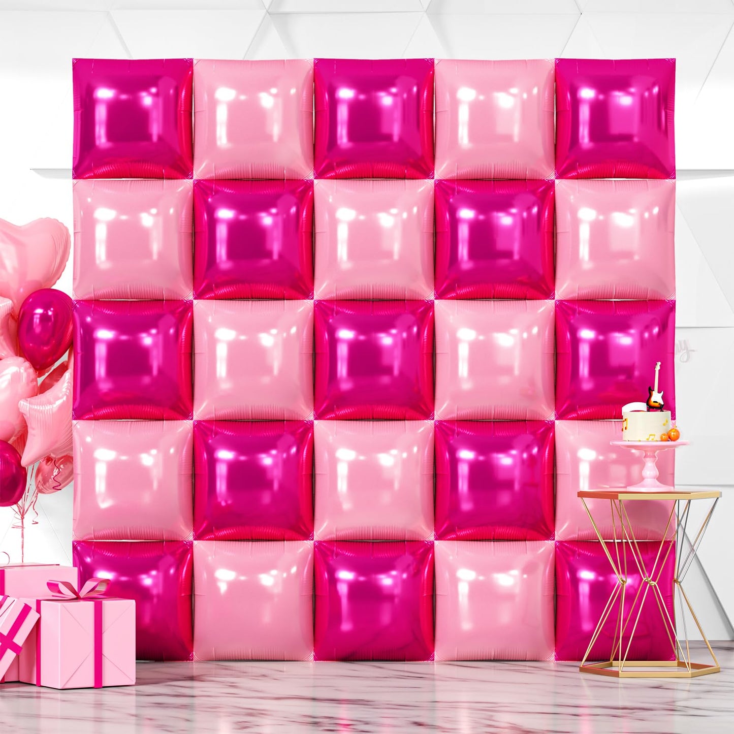 NISOCY 25PCS Hot Magenta Pink Square Foil Balloons Wall Backdrop Double Sided Metallic Pink Balloons Arch Kit for Galentines Valentines Day Bachelorette Birthday Engagement Bridal Party Decorations