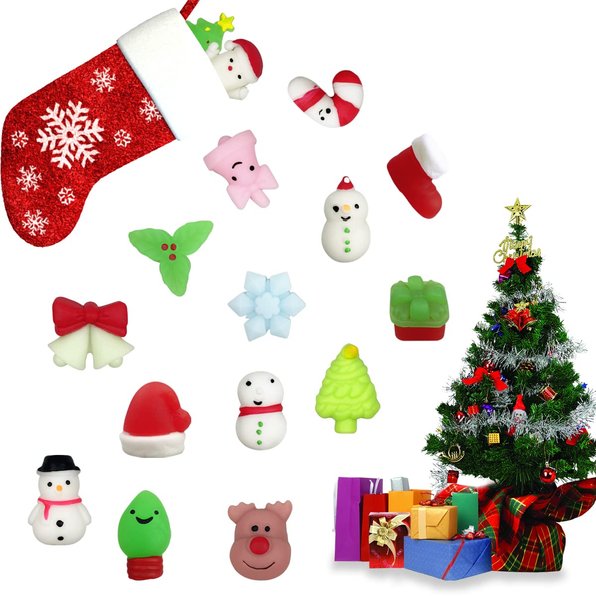 Anditoy 100 PCS Christmas Mochi Squishy Toys Squishies Christmas Toys for Kids Girls Boys Toddlers Christmas Party Favors Stocking Stuffers Gifts
