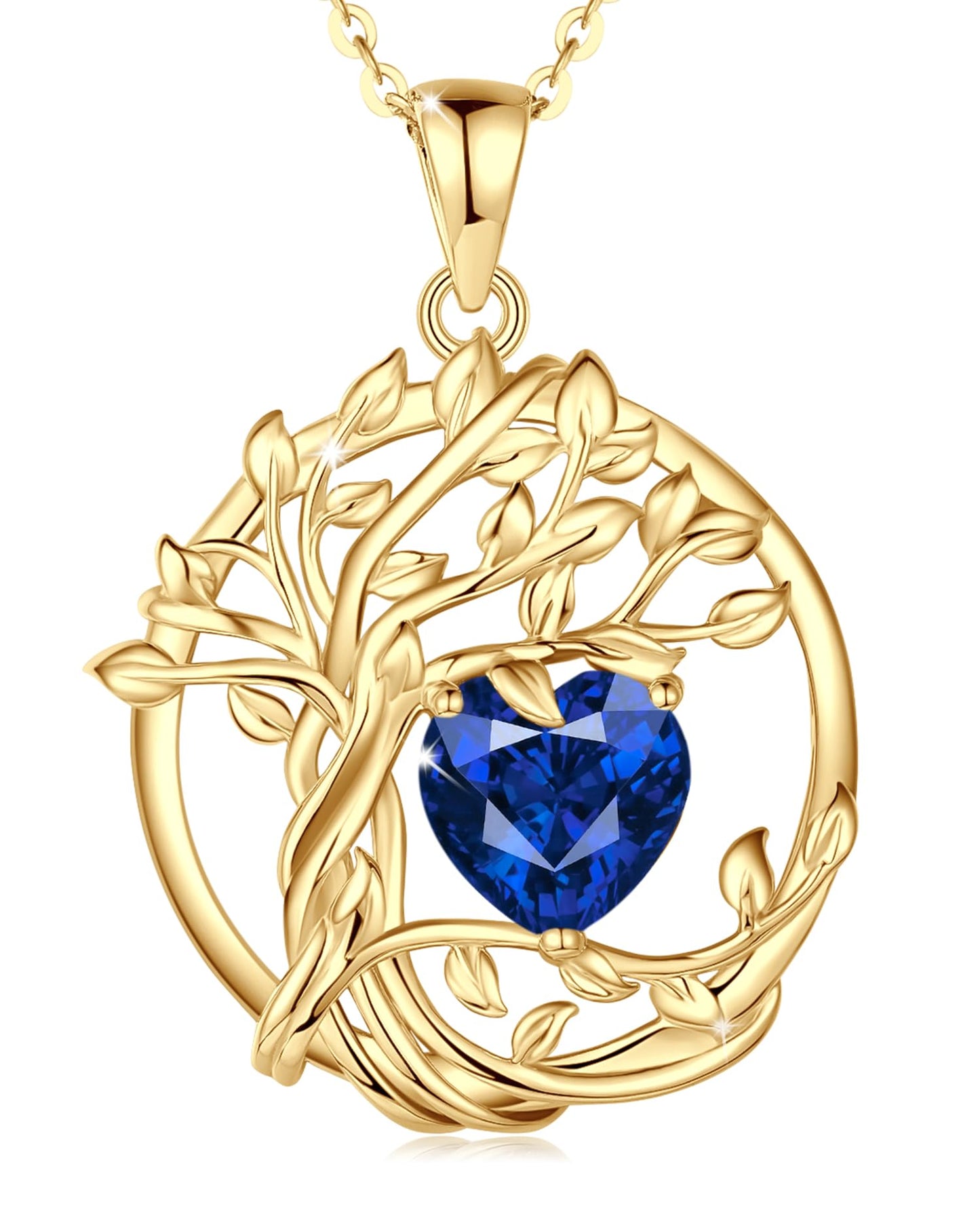 FANCIME Tree of life Birthstone Necklace for Women Sterling Silver Yellow Gold Plated Sapphire Pendant September Blue Gemstone Anniversary Mothers Day Gifts for Mom Wife Her