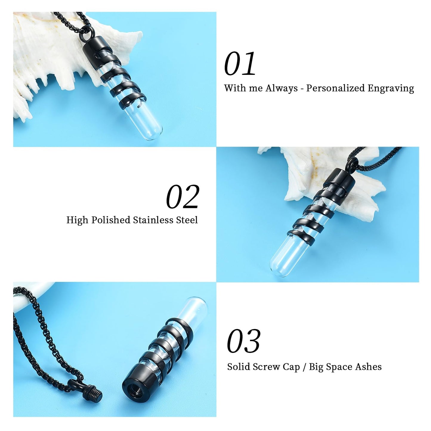 Oinsi Clear Glass Tube Cremation Jewelry for Men Women Ashes Holder Necklace Keepsake Cylinder Memorial Pendant Angel wings Urn Necklace (Black)