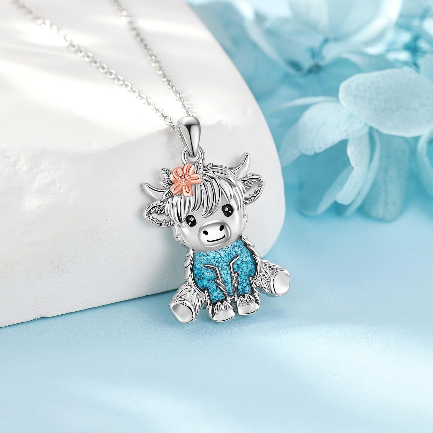 HKPATOP Highland Cow Necklace 925 Sterling Silver Turquoise Cow Necklace Cute Highland Cow Jewelry for Women