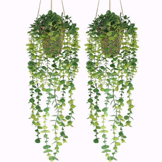 Nisoger Fake Hanging Plant with Woven Basket, 2 Pack Artificial Hanging Plants, Faux Vines Eucalyptus Leaf Hanging Pot Plant for Wall Home Room Indoor Outdoor Bedroom Bathroom Office Decor