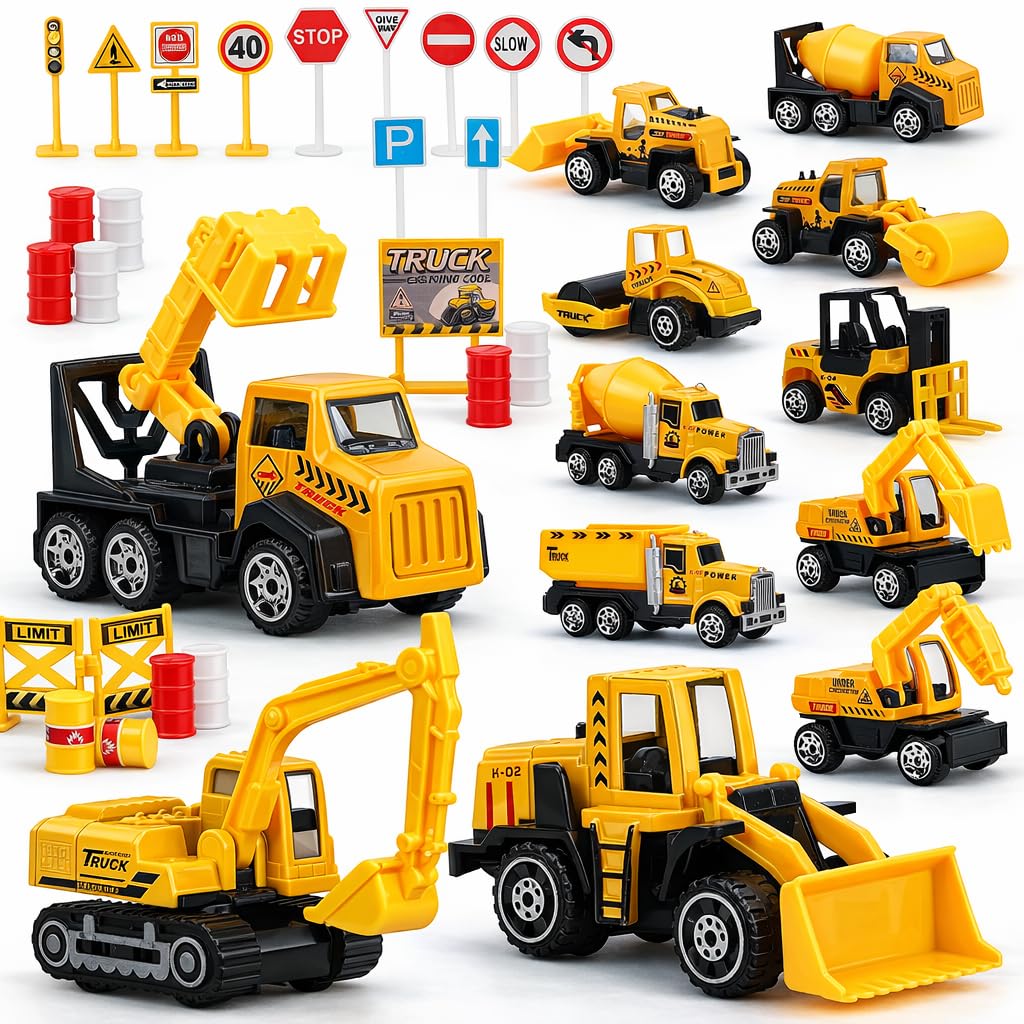 TOY Life 35 PCS Construction Toys, 12 Mini Construction Vehicles with Accessories, Excavator Bulldozer Dump Truck Playset, Sandbox Toys and Cake Toppers for Kids Ages 3-8