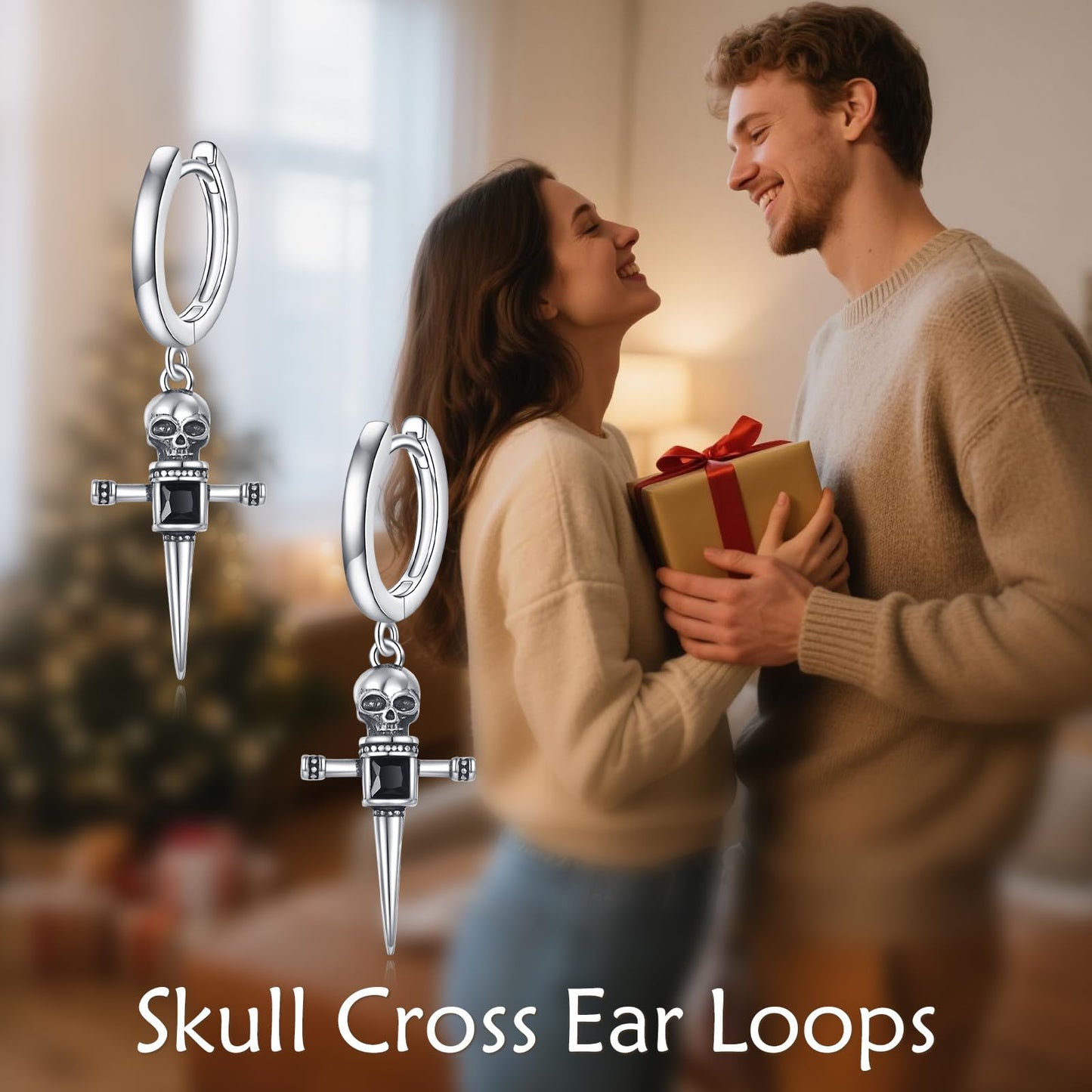 925 Sterling Silver Skull Cross Hoop Earrings Dangle Drop Earrings Huggie Halloween Jewelry Birthday Gifts for Women Men (Skull Cross)