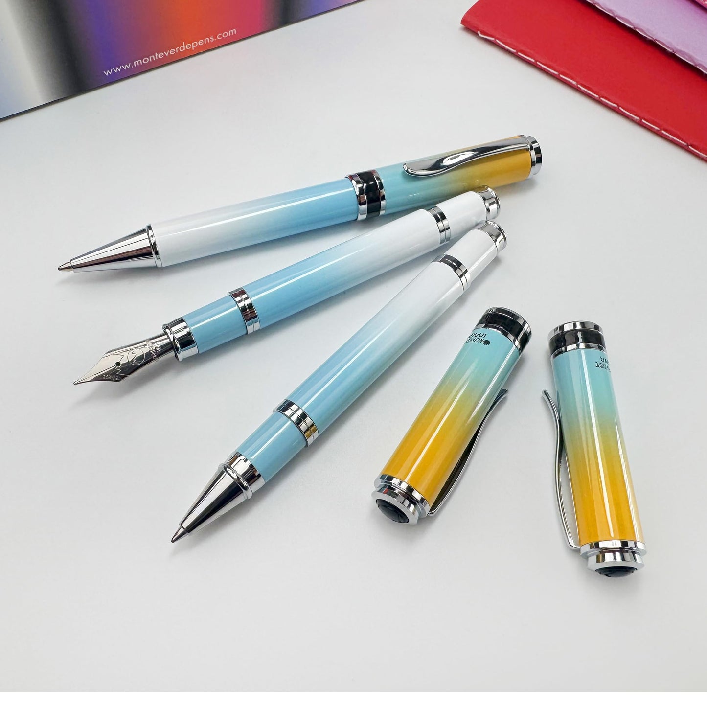 Monteverde USA Innova Ombre Fusion Bliss (Gold/Blue/White Gradient Finish) Fountain Pen - Medium Nib, Refillable, Gift Case, Luxury Pen