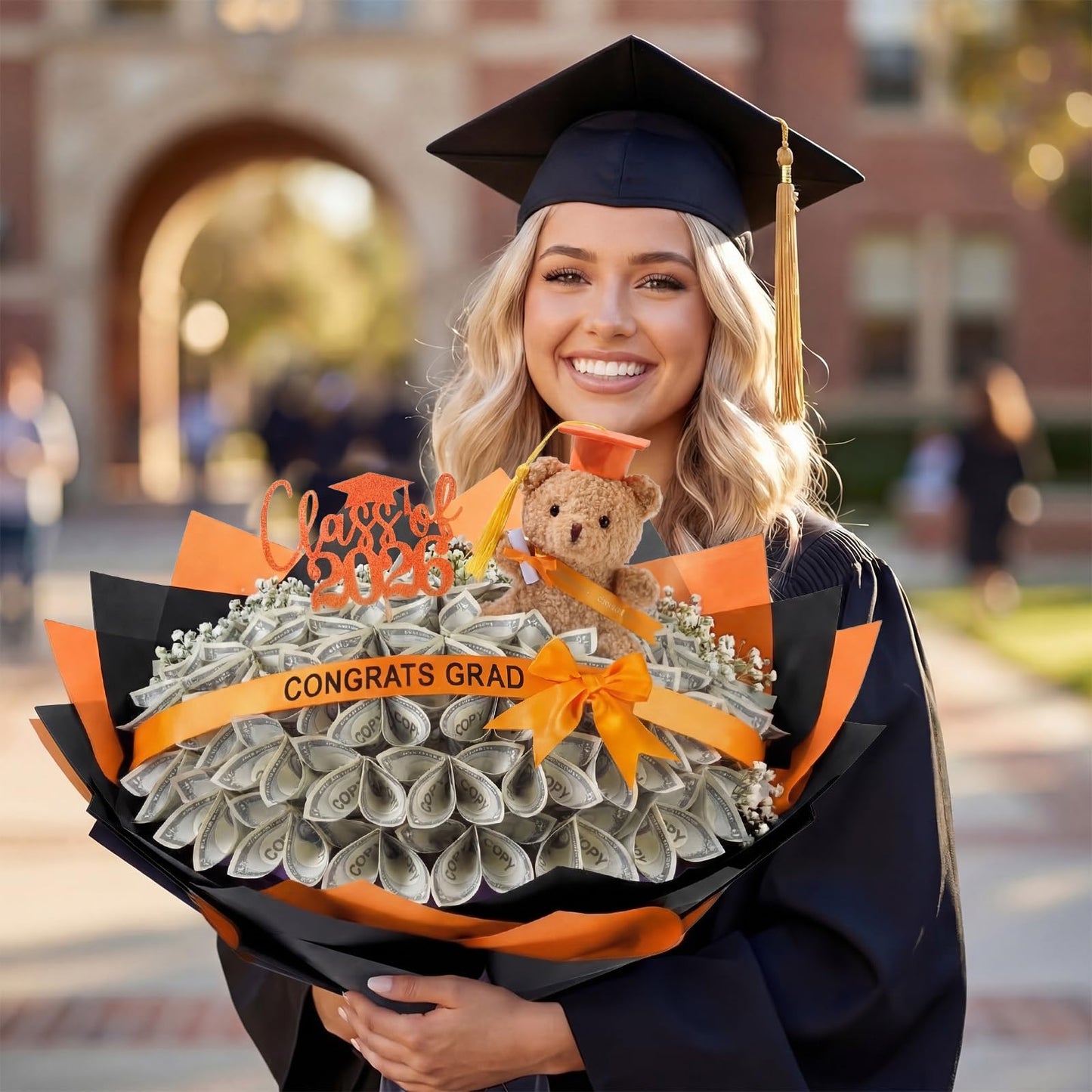 Seenelling 80 Pcs Graduation Money Flower Bouquet Wrapping Accessories Kit, 20 Flower Wrapping Paper 50 Sticks 2 Card Inserts 1 Bear 3 Ribbons DIY Crafts Gifts for Graduation Birthday(Orange)