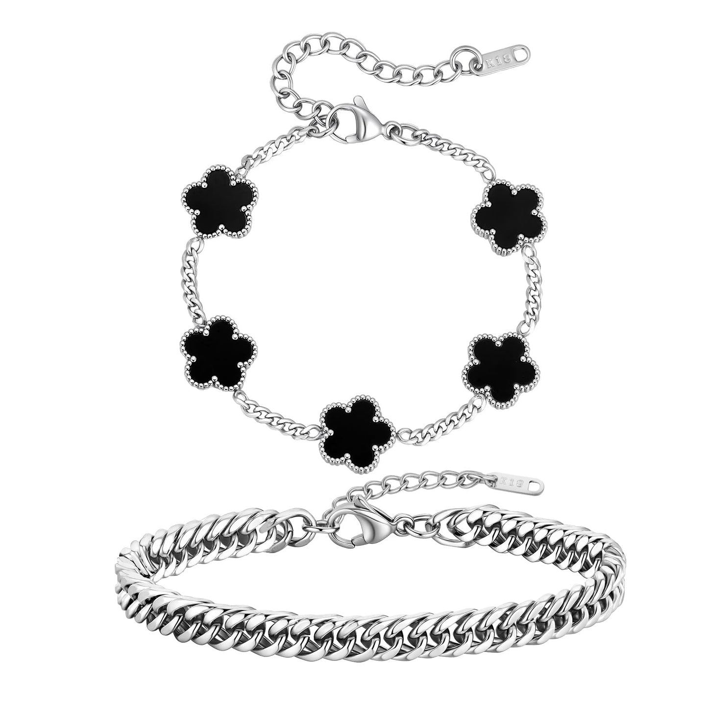 VNOX 2 PCS Floral Bracelets for Men Women -Womens Mens Stainless Steel Silver Cuban Chain Link Bracelet Lucky Charm Four Clover Flower Bracelets Trendy Jewelry Gifts，2