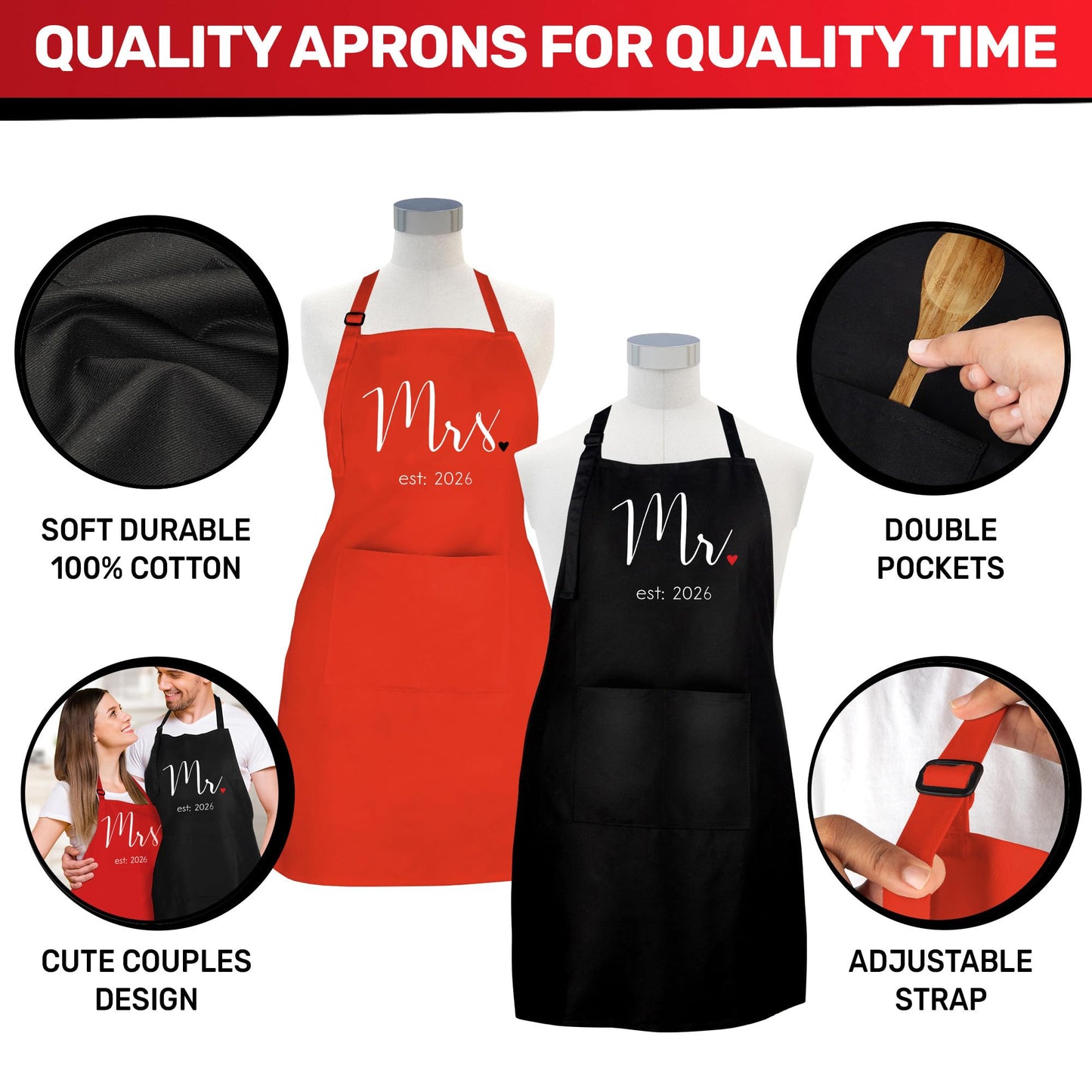 Prazoli Products Mr Mrs Apron Set - Engagement Gifts, Wedding & Bridal Shower Gifts for Couple (Mr. & Mrs. Est: 2026 - Red, Standard)