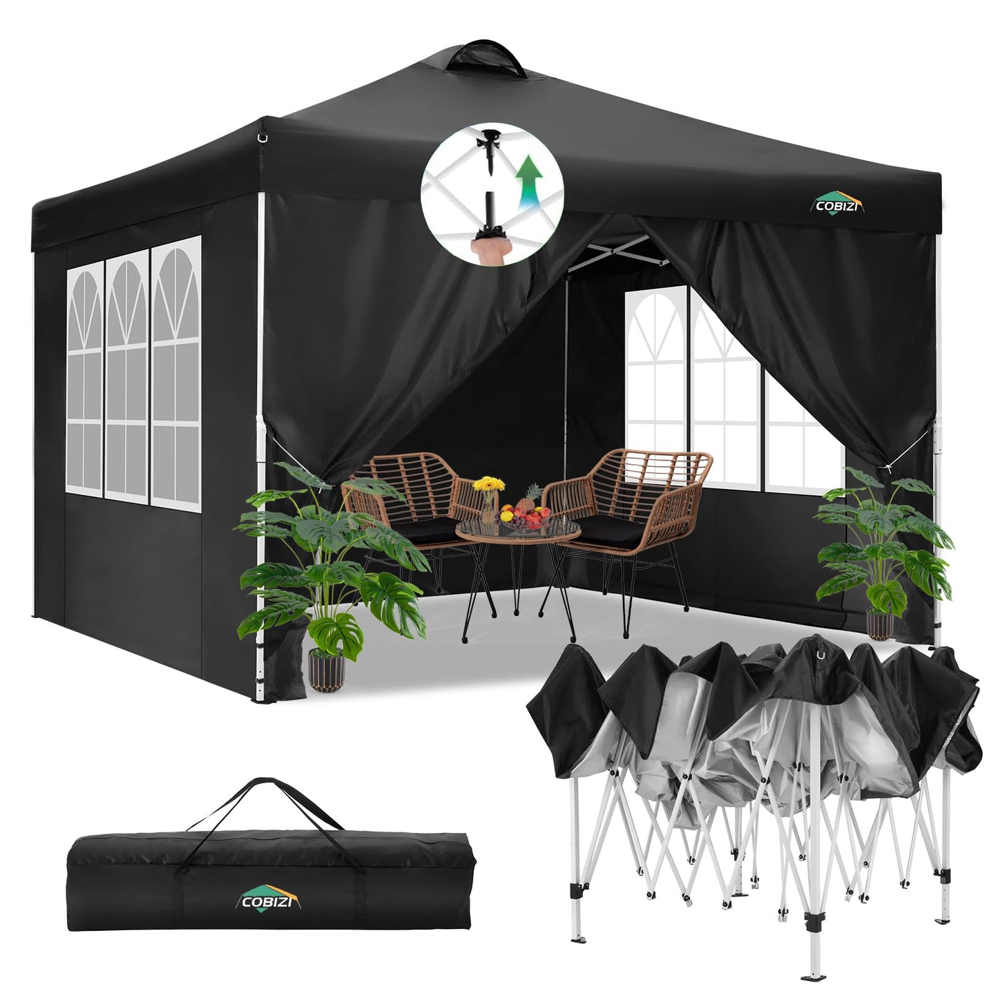 COBIZI Canopy 10x10 Pop Up Canopy Tent with 4 Sidewalls, One Push Party Tents for Parties Outdoor Wedding Waterproof Gazebo Commercial Event Tent with Sandbags, Classic Black