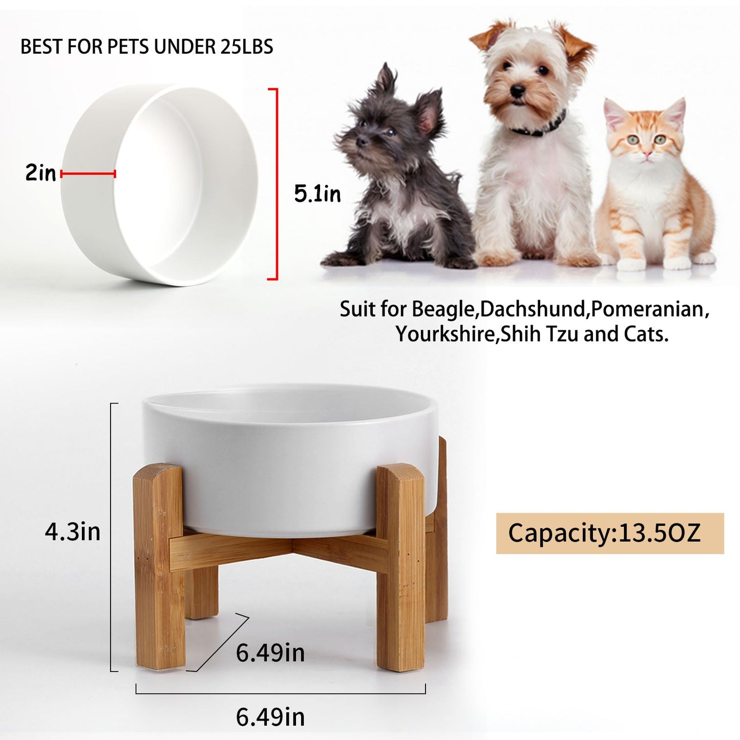 Petygooing White Elevated/Raised Ceramic Dog Bowl for Small Breeds, Dog Food Water Dish with Stand,Pet Feeding Bowl with Anti Slip Rubber for Cats and Small Dogs Puppy 13.5 OZ (5.1In / 1.7 Cups