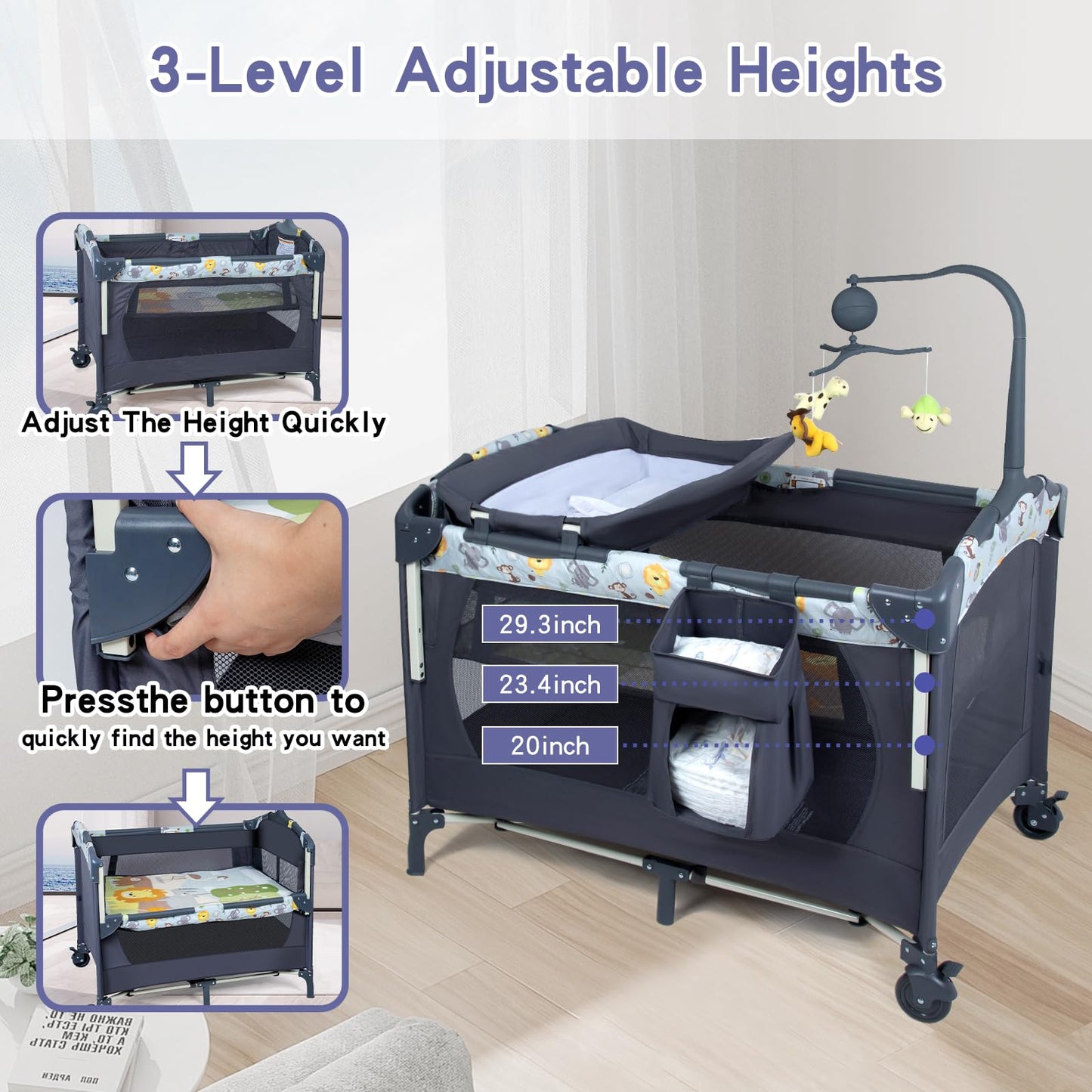 5-in-1 Baby Bassinet Bedside Crib, Pack and Play Long Next to Parents Bed Crib with Toys & Music Box, Mattress, Foldable Playard, Playpen Travel Bed Nursery Center for Girl Boy Infant Newborn