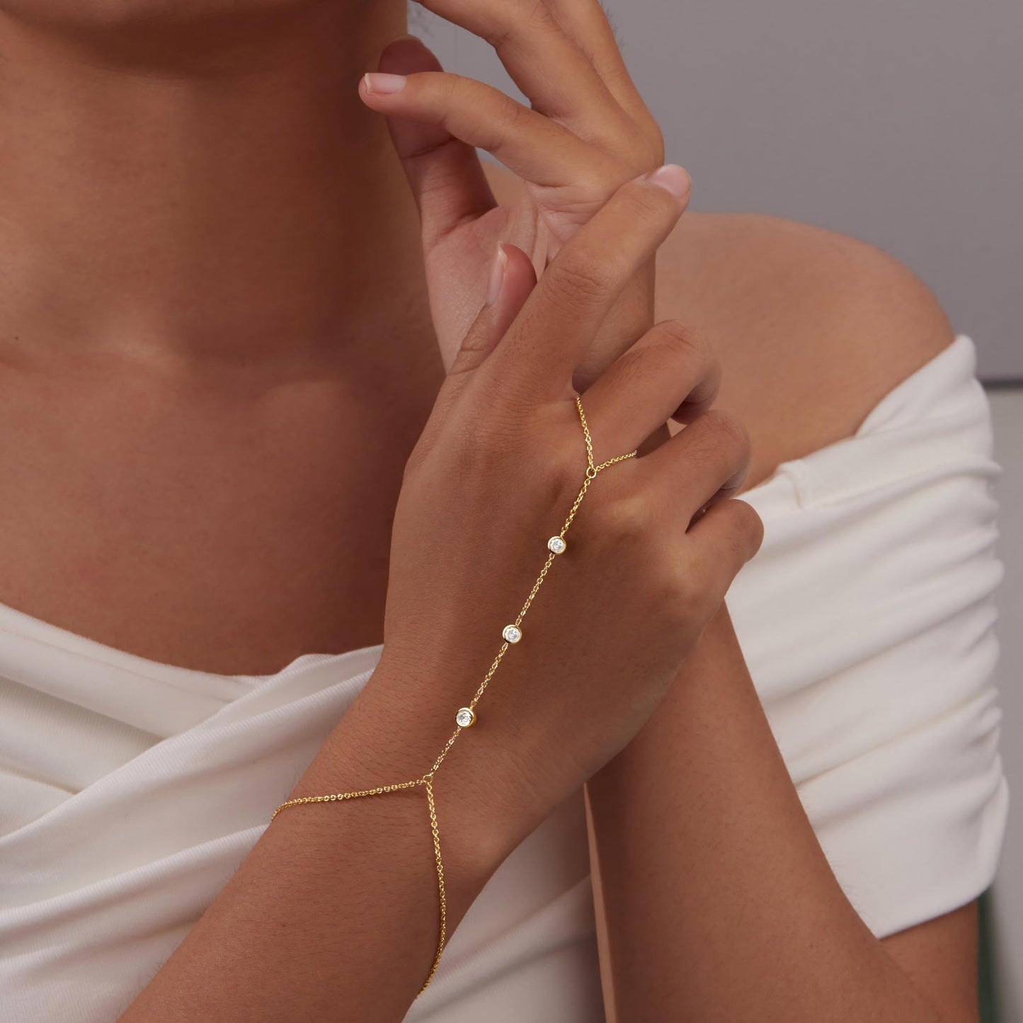 Poxtex Gold Hand Bracelets for Women Waterproof, CZ Bezel Hand Chain Dainty Adjustable Bracelets for Women Trendy, Fashion Jewelry Gifts