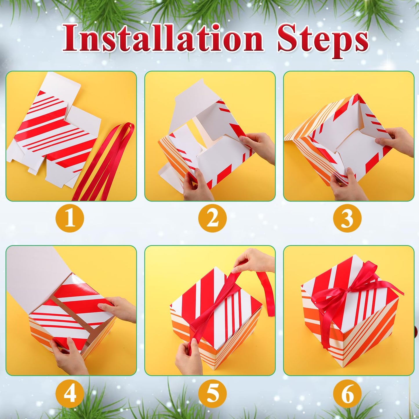 MotiMind 5 Pack Red and White Striped Christmas Gift Boxes with Lids 7x7x7 Square Gift Box with Ribbons for Wrapping Christmas Presents Wedding Bridesmaid Holiday Party Favor Boxes