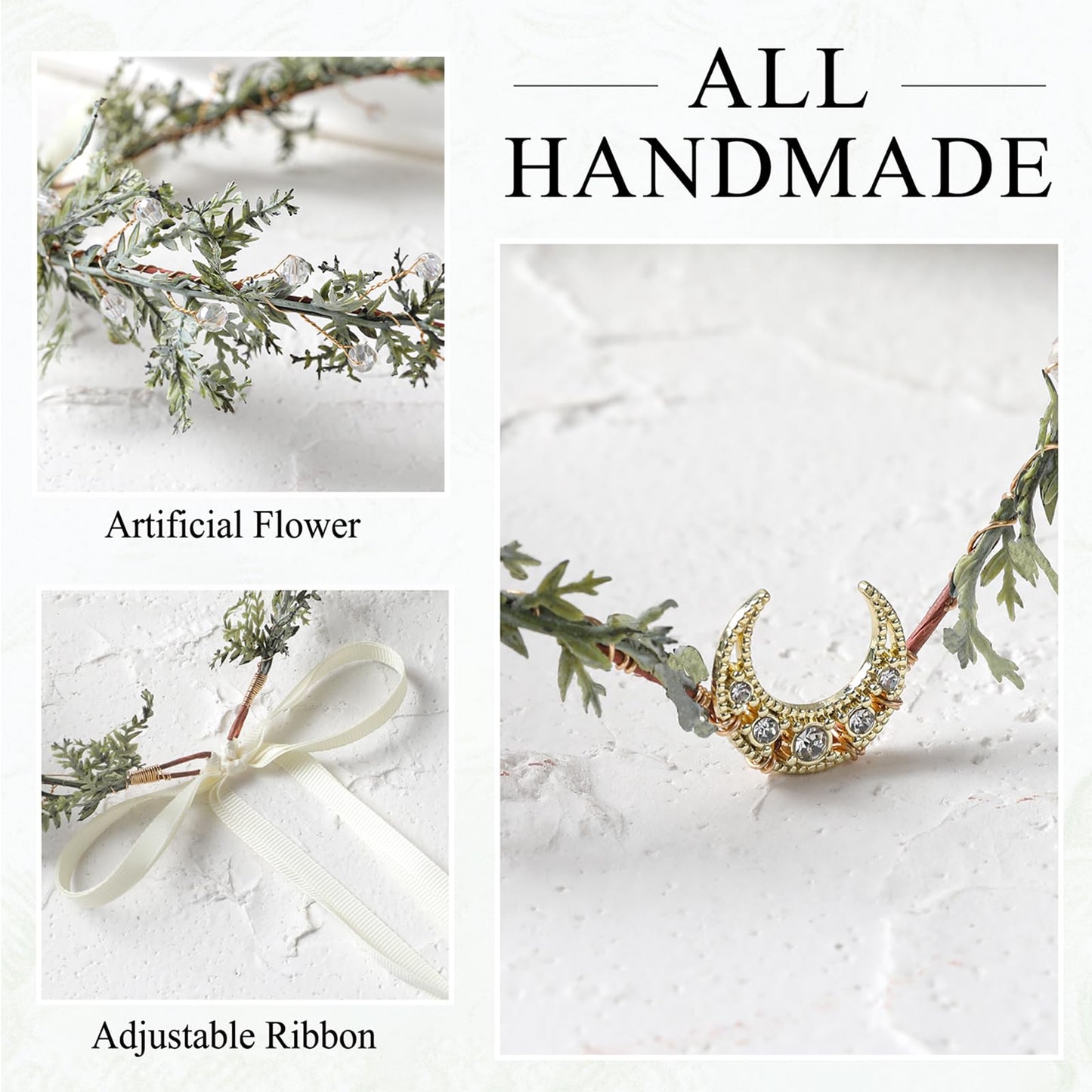 MOSTORY Green Flower Fairy Crown - Elf Crown Headpiece for Woodland Renaissance Costume Women, Floral Forest Circlet with Rhinestone for Renfaire Cosplay Photo Shoot