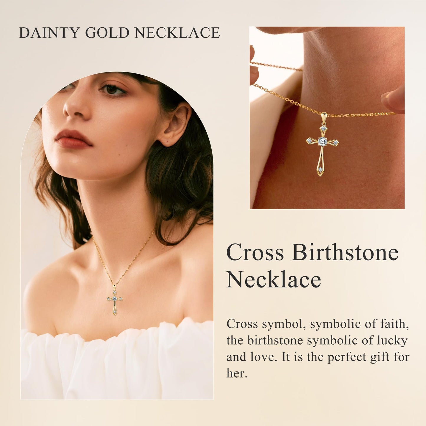 14K Gold Plated Solid Cross Necklace for Women,925 Sterling Silver Ladies Faith Cross Birthstone Pendant Christian Religious Confirmation Baptism Everyday Fine Jewelry Anniversary Birthday Gifts for Her