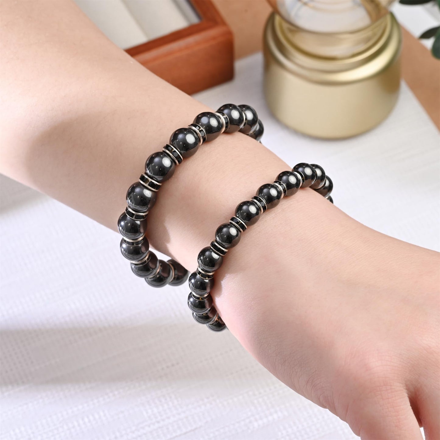 Apocalyptic-K Women's Magnetic Bracelet，Hematite Bracelets，Magnetic Bracelets With Zirconia,Handmade Stretch Bracelet，Eliminates static electricity. (Black Zirconia,6MM)