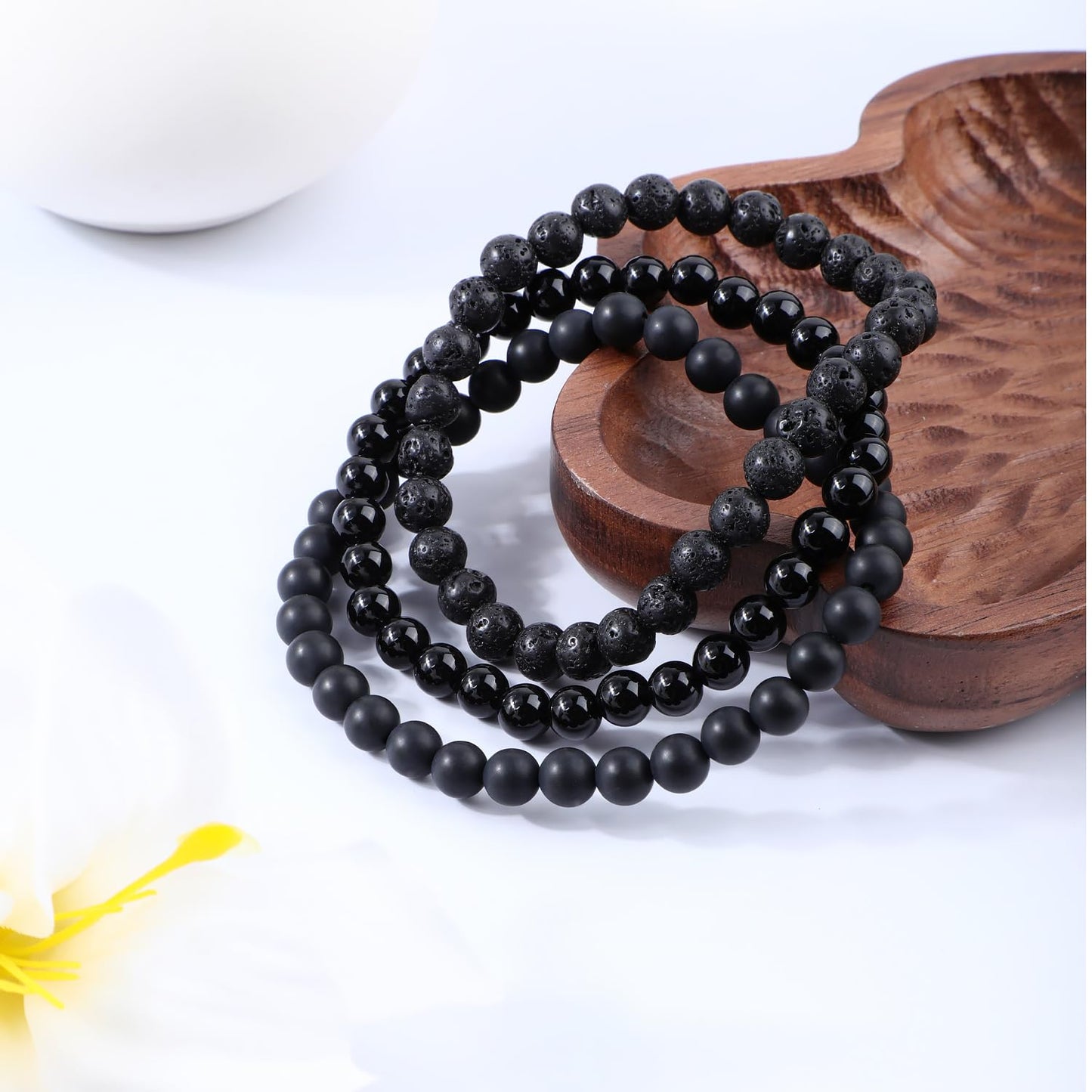 NCB 3-Piece 6mm Natural Crystal Gemstone Stretch Bracelets – ﻿Black Lava, Black Onyx, Matte Black Agate Handmade Reiki Energy Healing Jewelry for Meditation,Yoga, Unisex