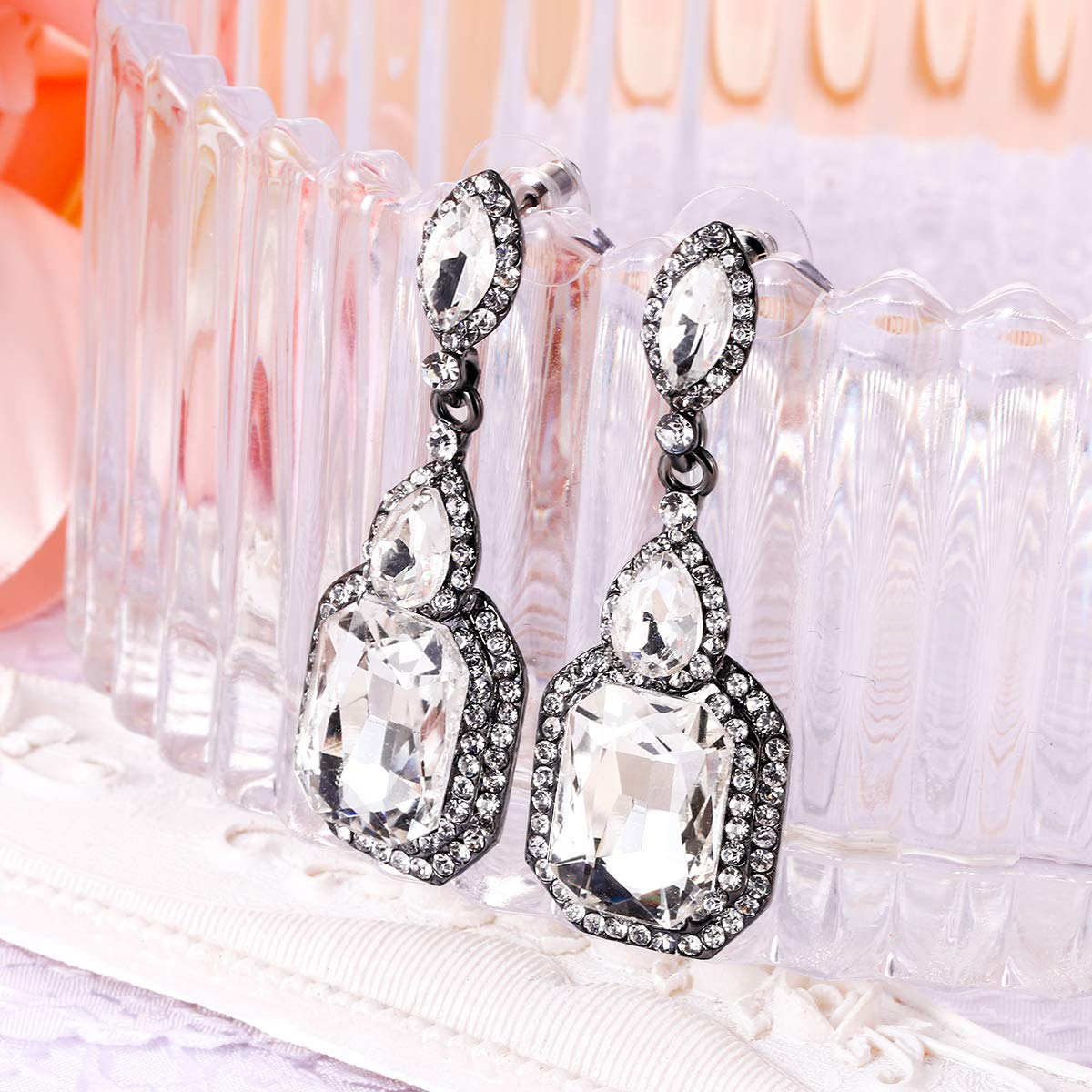 BriLove Wedding Bridal Dangle Earrings for Women Emerald Cut Crystal Infinity Figure 8 Chandelier Jewelry Clear Black-Silver-Tone