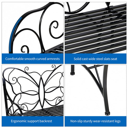 HLC Outdoor Bench Outdoor Sturdy Rust-Resistant Bench Butterfly Cast Iron with Armrests Park,Yard, Patio, Porch, Lawn Double Seats